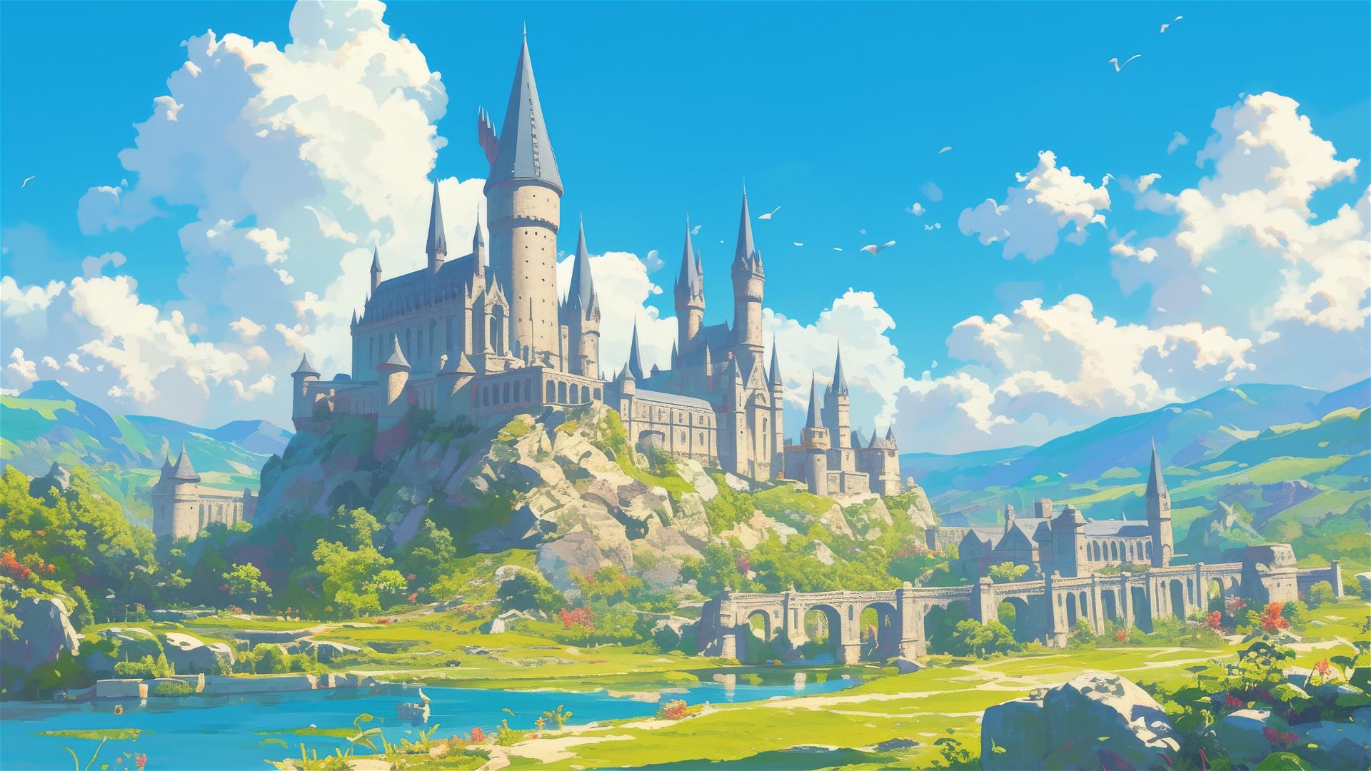 Ghibli-inspired Hogwarts illustration