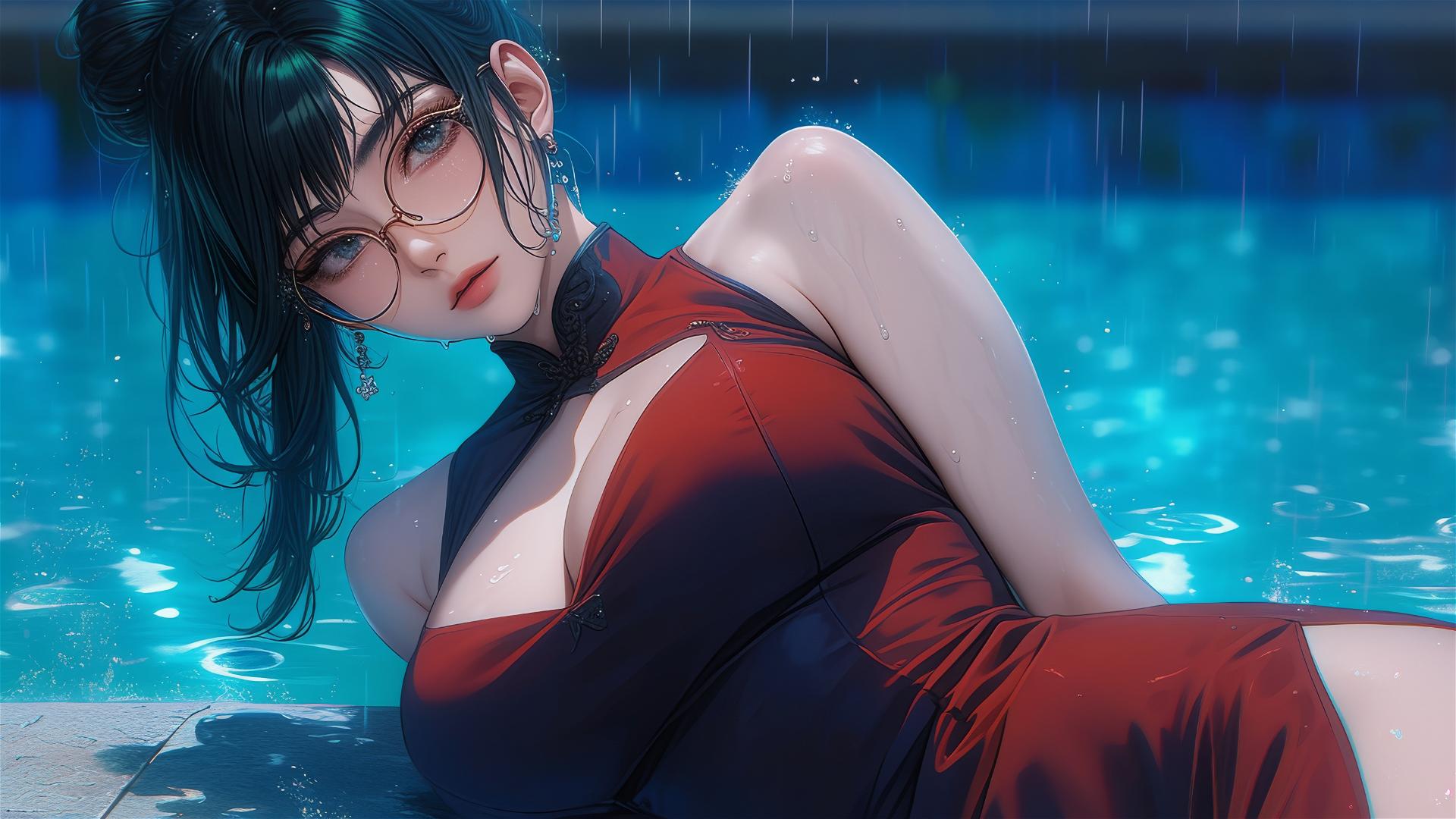 Maki Zenin by poolside under moonlight in rain, wearing red dress and eyeglasses