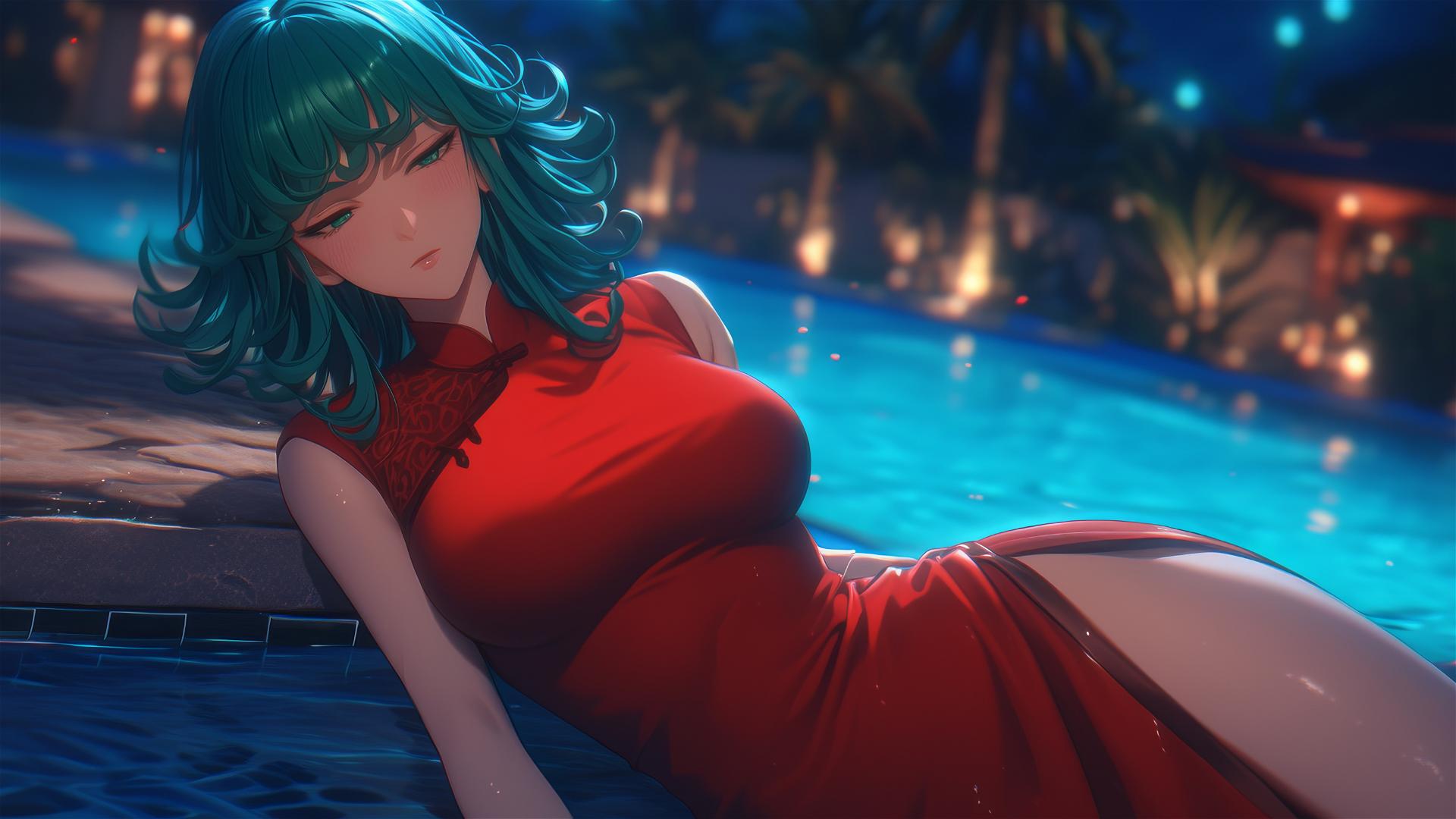 Tatsumaki from One-Punch Man resting by a pool under moonlight in rain, wearing a red dress