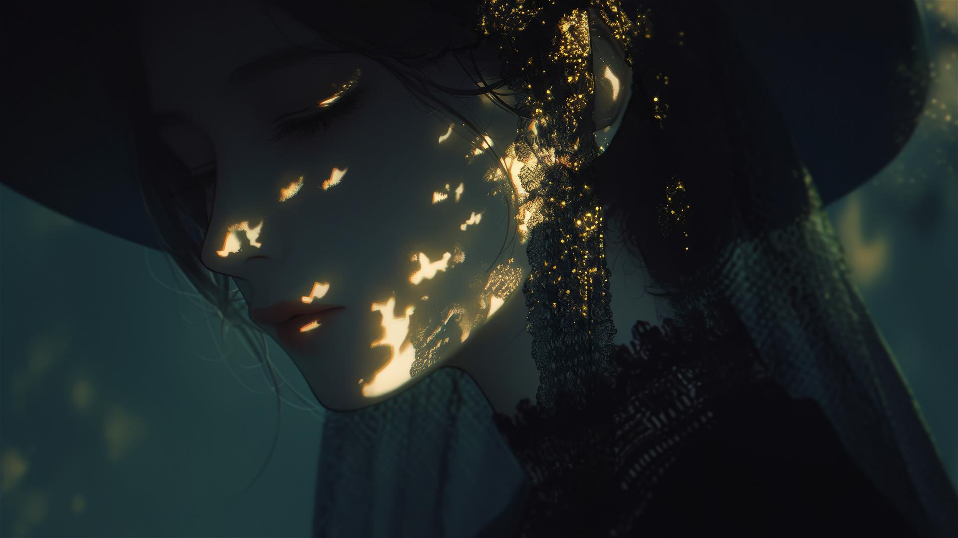 Isolated Hogwarts witch girl in spotlight on dark background