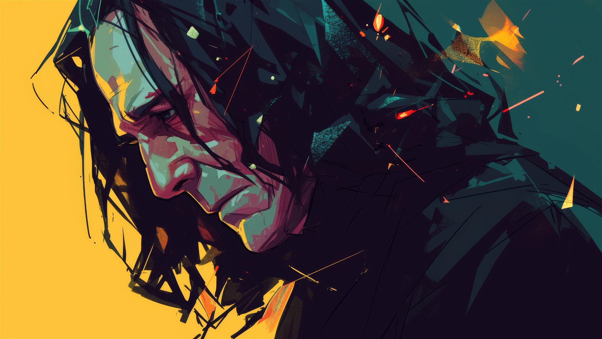 Illustration of Snape against dark background with spotlight