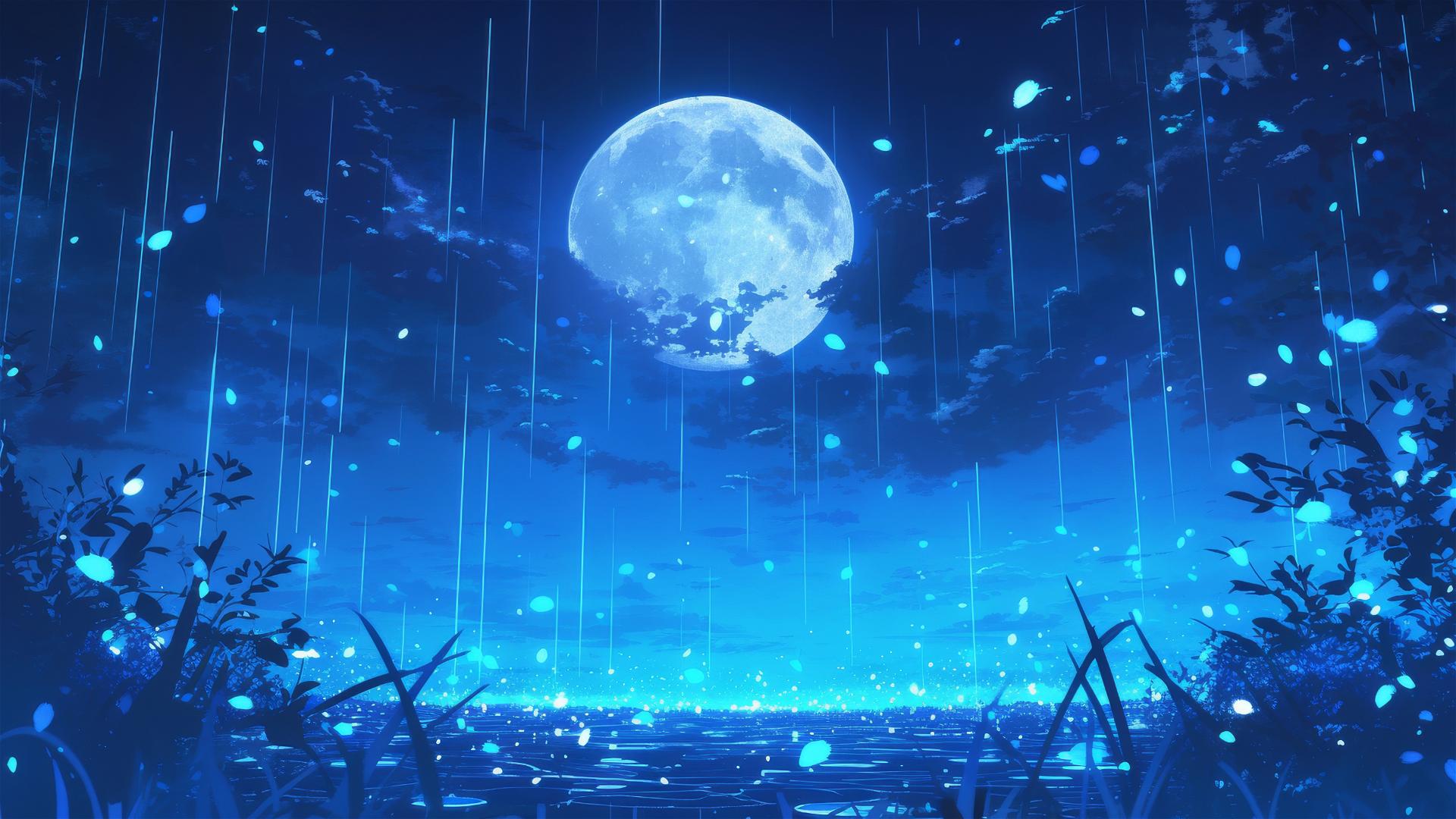 Holographic rain with moonlit landscapes and celestial holograms