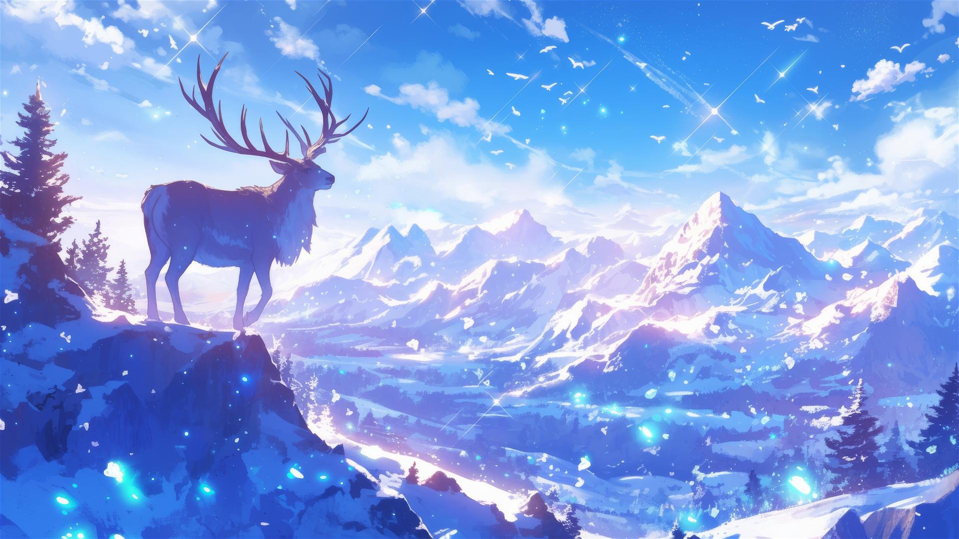 Snowy evergreen summit with eternal starlight
