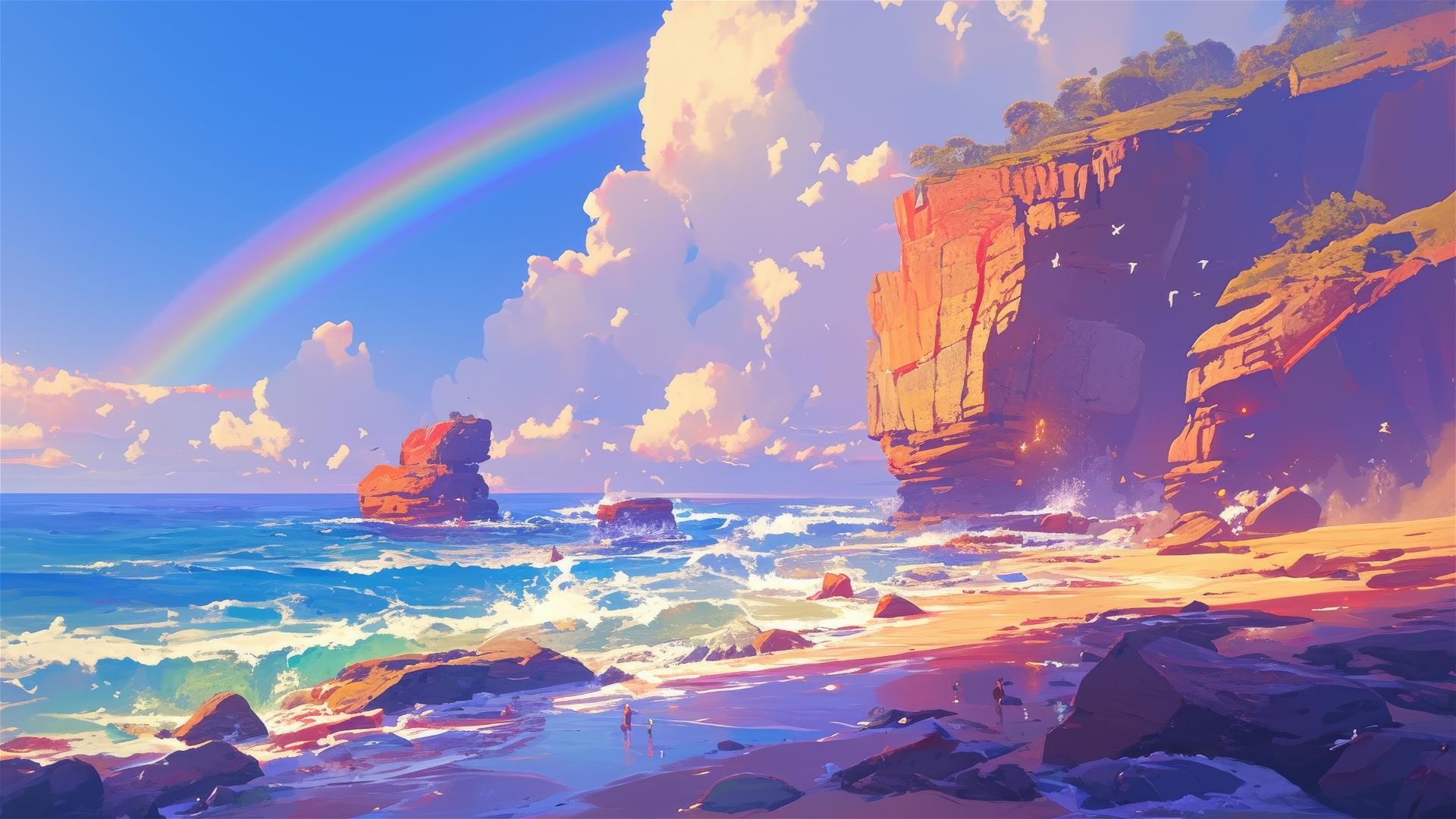 Sunset cliffs with sea spray and miniature rainbows