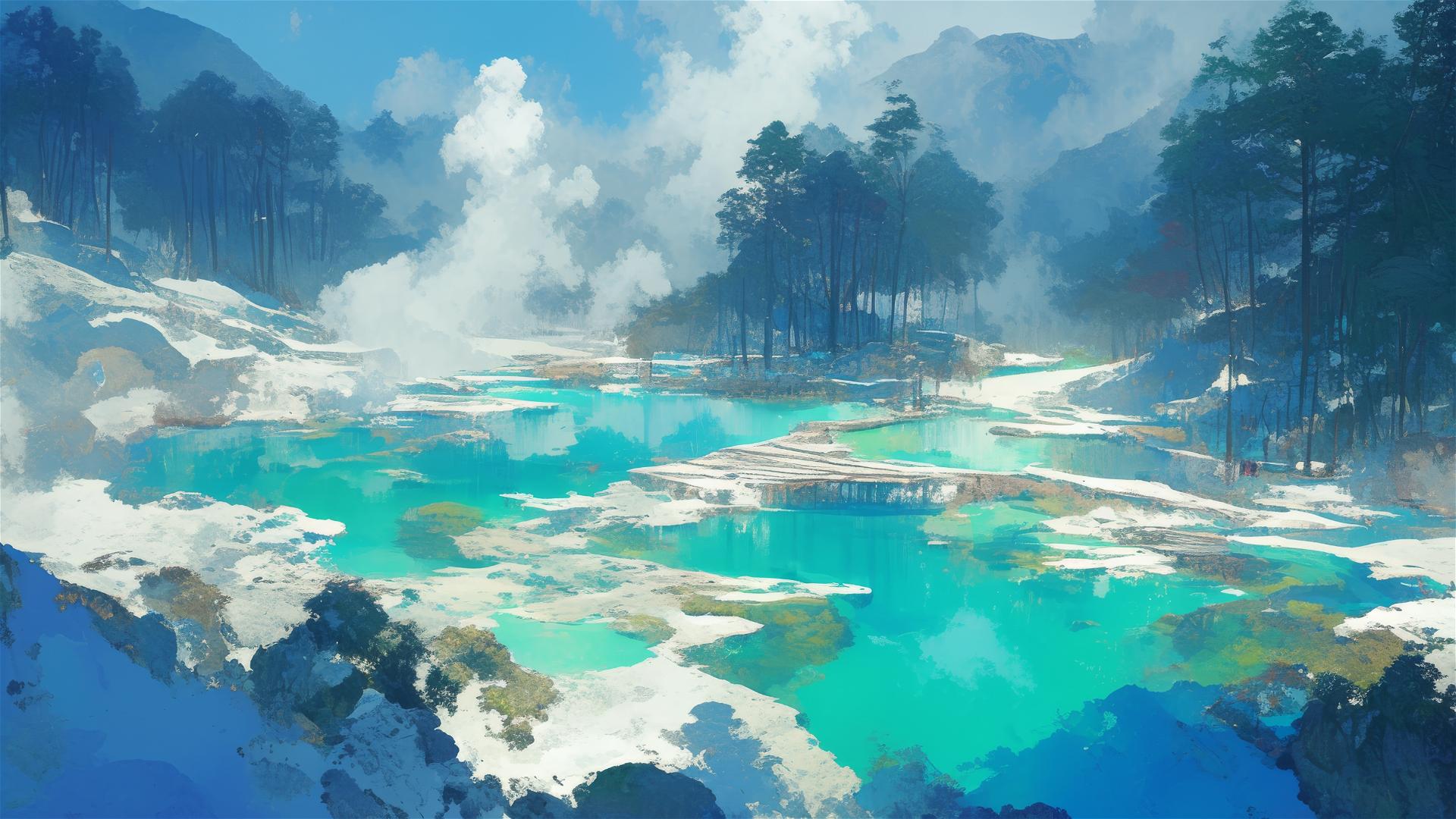 Volcanic springs with steaming blue and green waters amidst silver trees