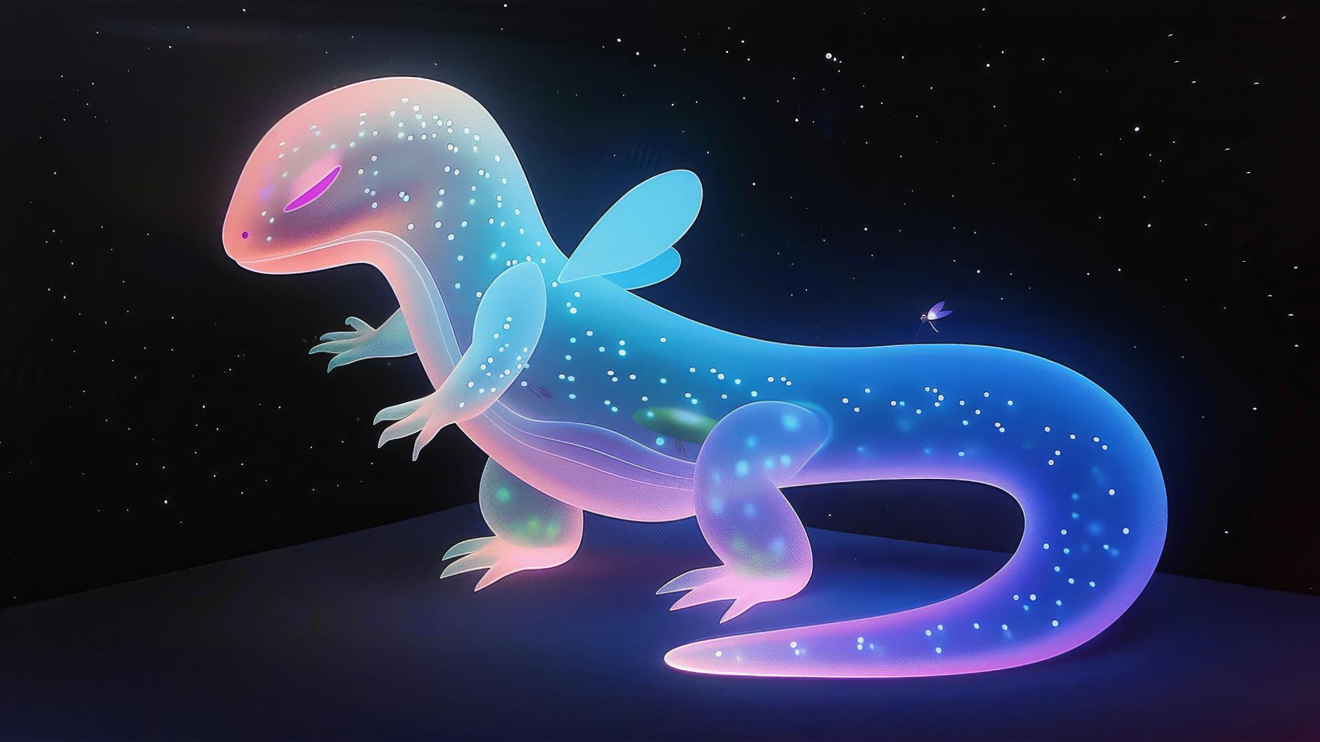 A crystal-clear iguana overlooking a small luminous firefly on its tail