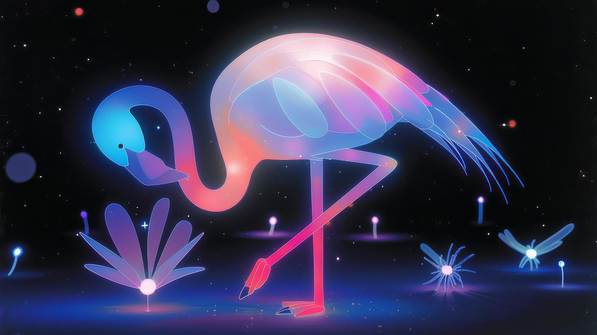 A radiating flamingo bending over to look at a small glowing firefly on its leg