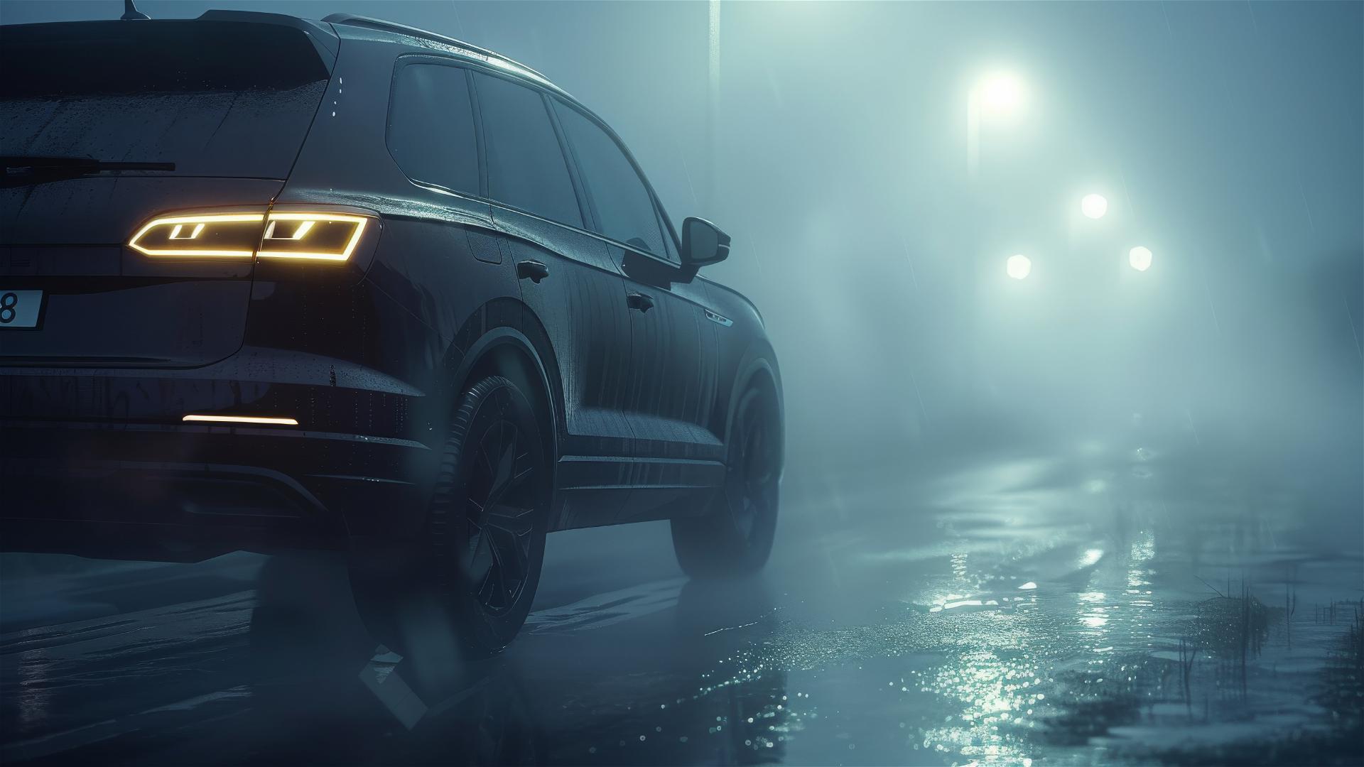 Volkswagen Touareg in dim lighting and fog with a gothic gloomy atmosphere