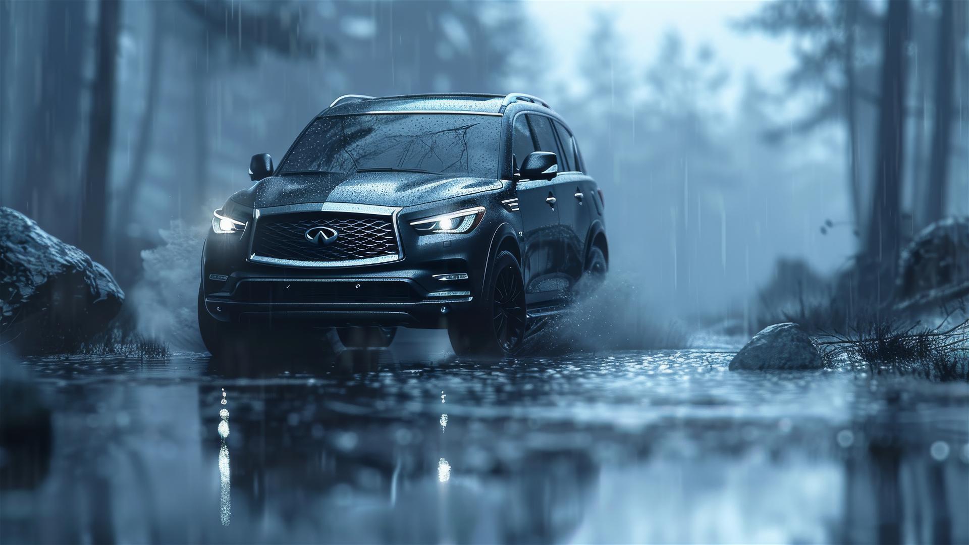 Infiniti QX60 in dim, gothic gloomy setting with fog