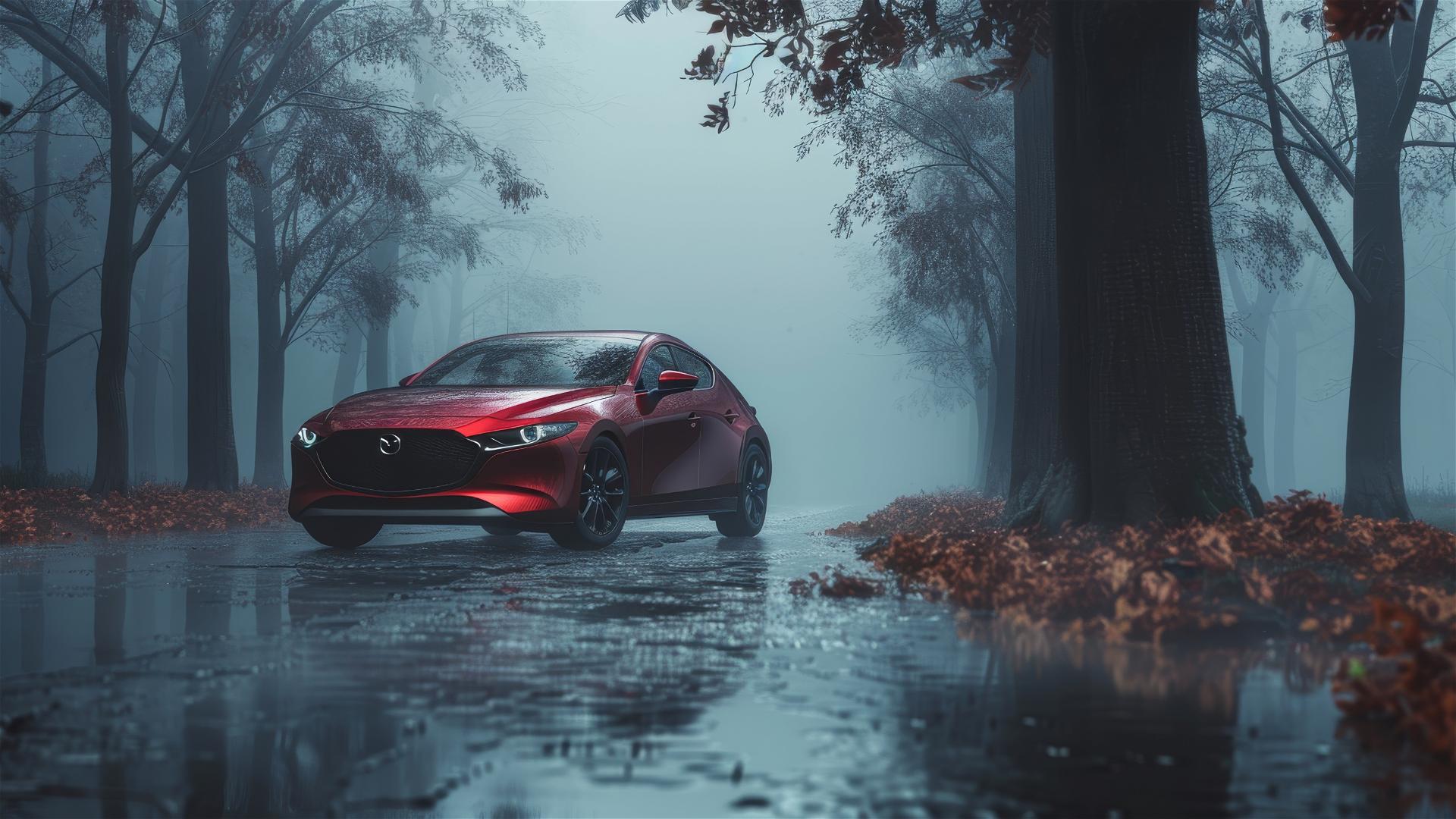 Closeup of a Mazda 3 in dim, foggy, and Gothic gloomy lighting