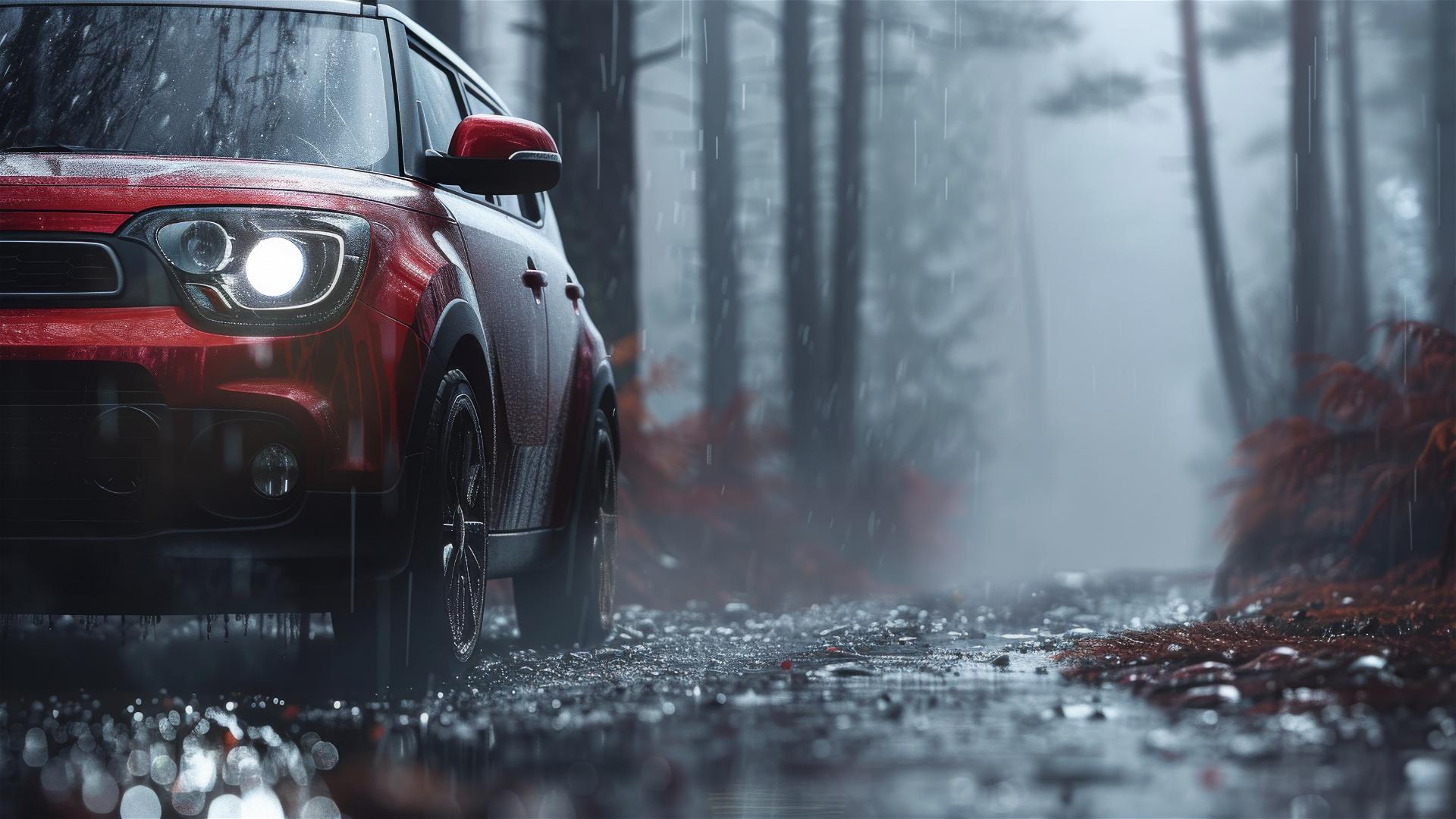 Kia Soul in dim Gothic ambiance, photorealistic closeup with fog