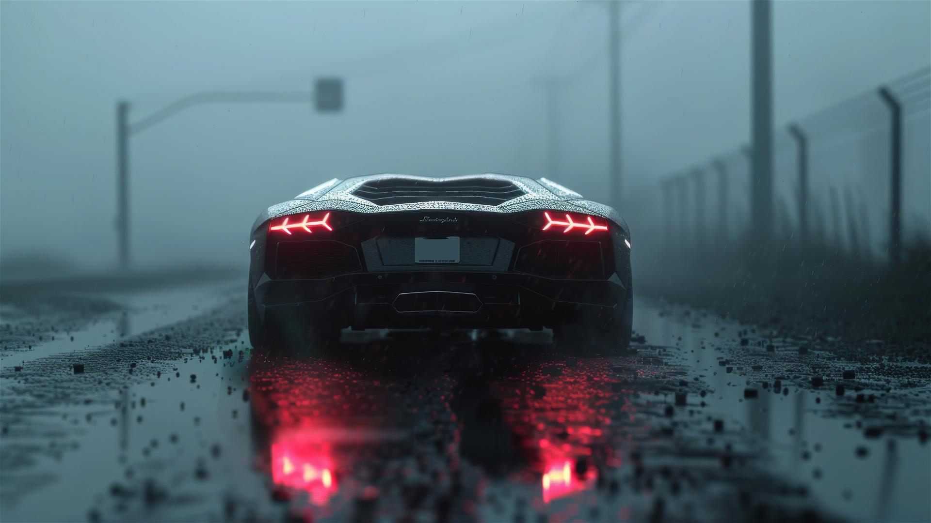 Photorealistic Lamborghini Aventador in dim, foggy, gothic setting