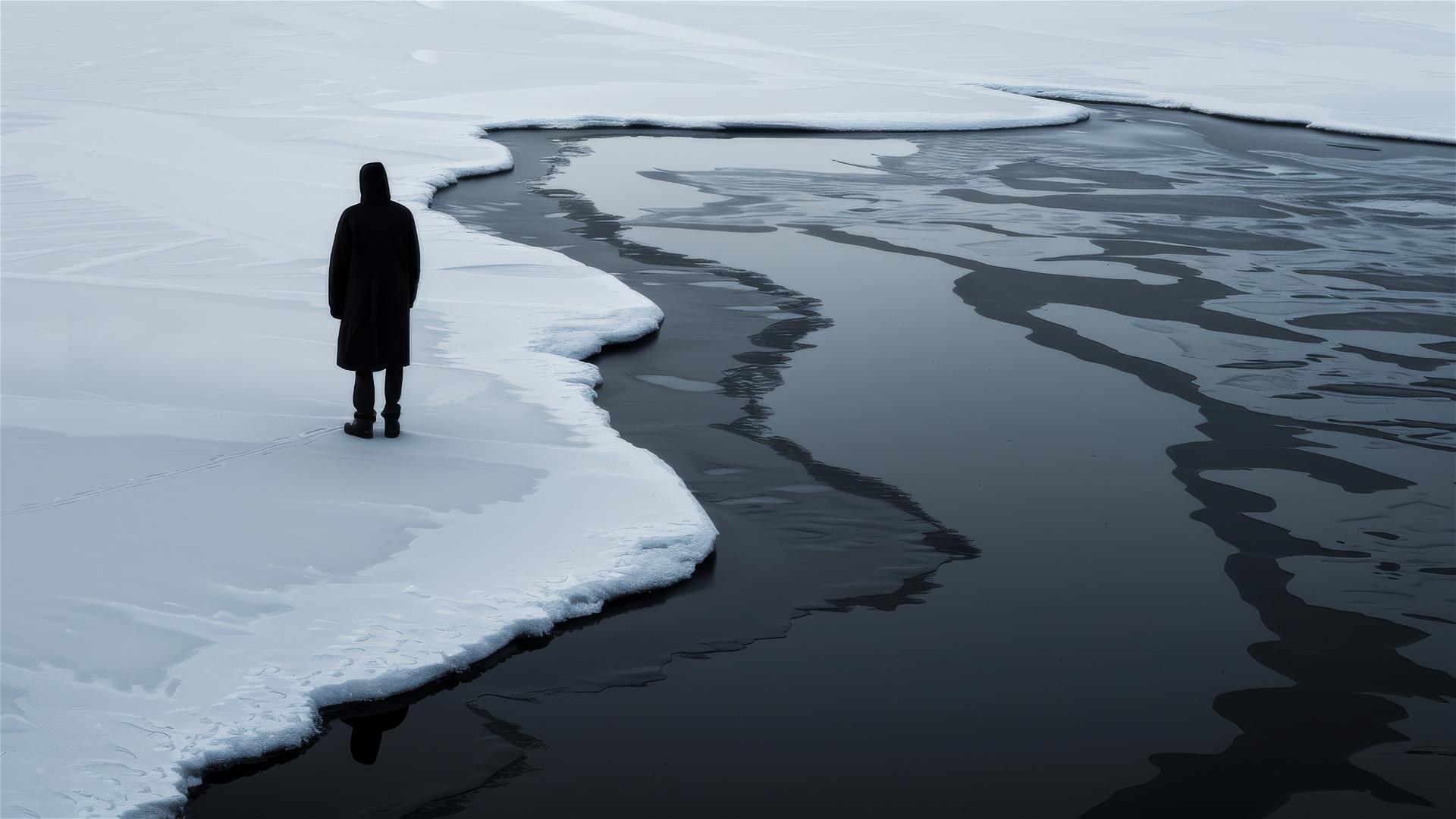 Arial view of unknown region of Antarctica with a dark figure on the ground complementing the overall dark, lonely, and still vibes