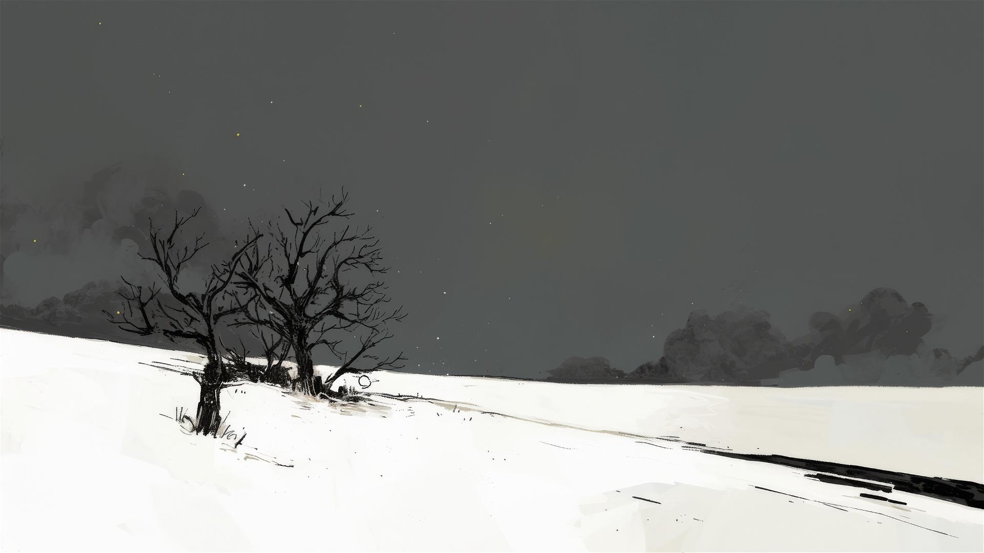 Dark winter landscape with black trees and a grey snowy ground