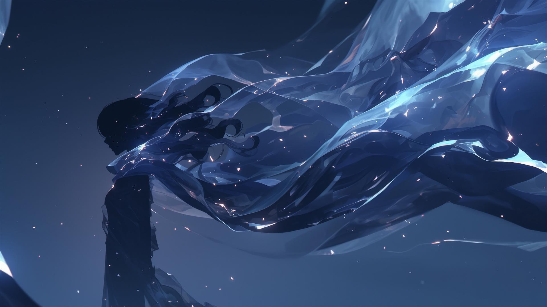Aesthetic dark silk scarf floating in a gentle breeze at night