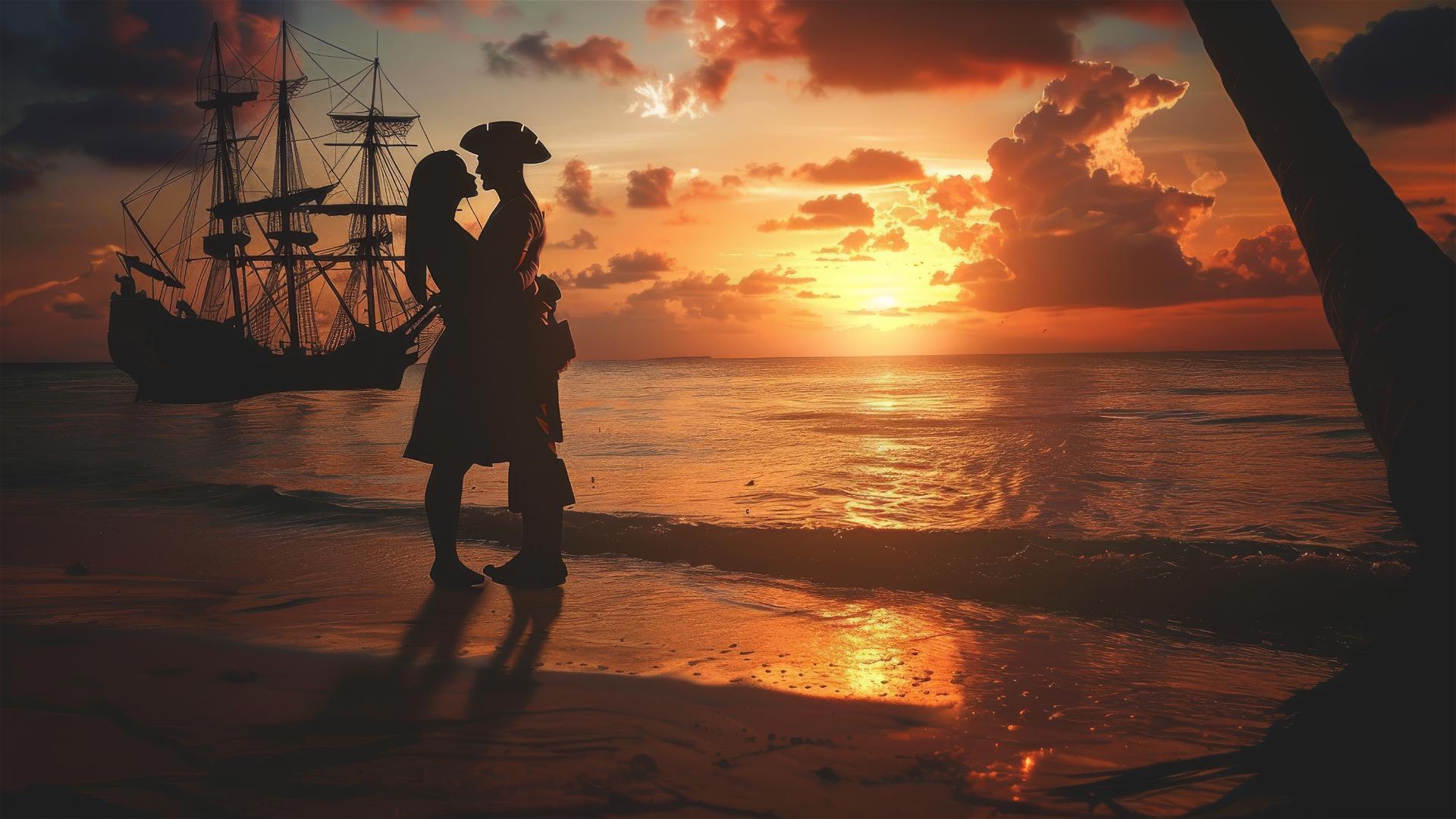 Silhouettes of a pirate couple hugging on a Caribbean beach at sunset with a ship in the background.