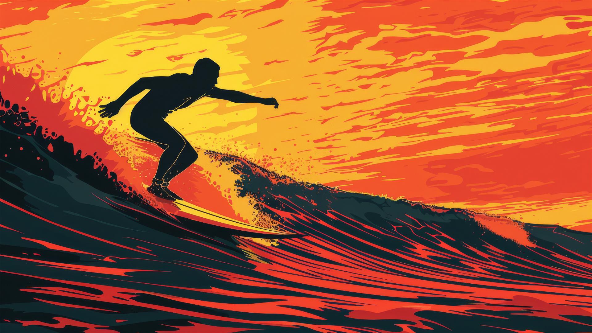 Surfer paddling on a surfboard in silhouette with tattoo and vector style