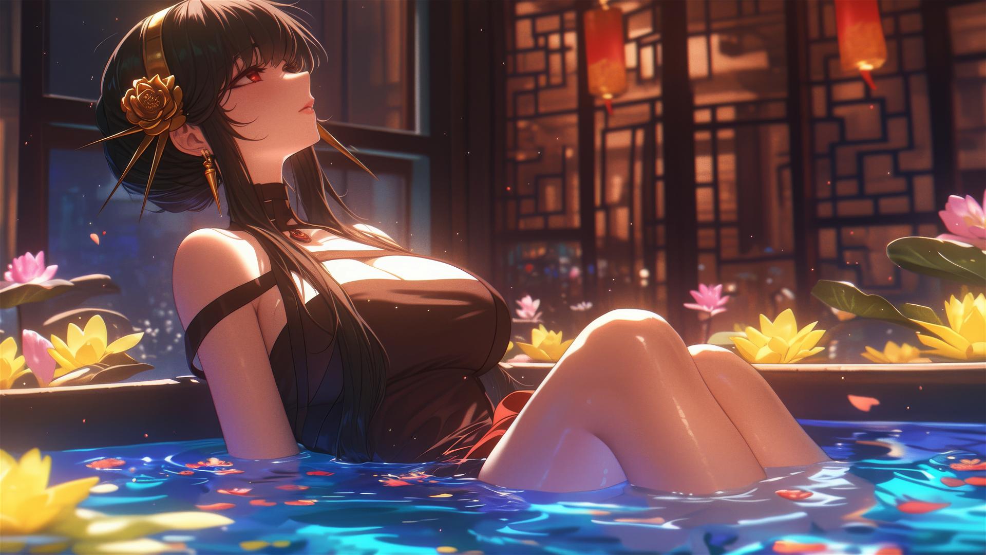 Yor Forger from Spy x Family in a flower-filled tub in a Chinese spa