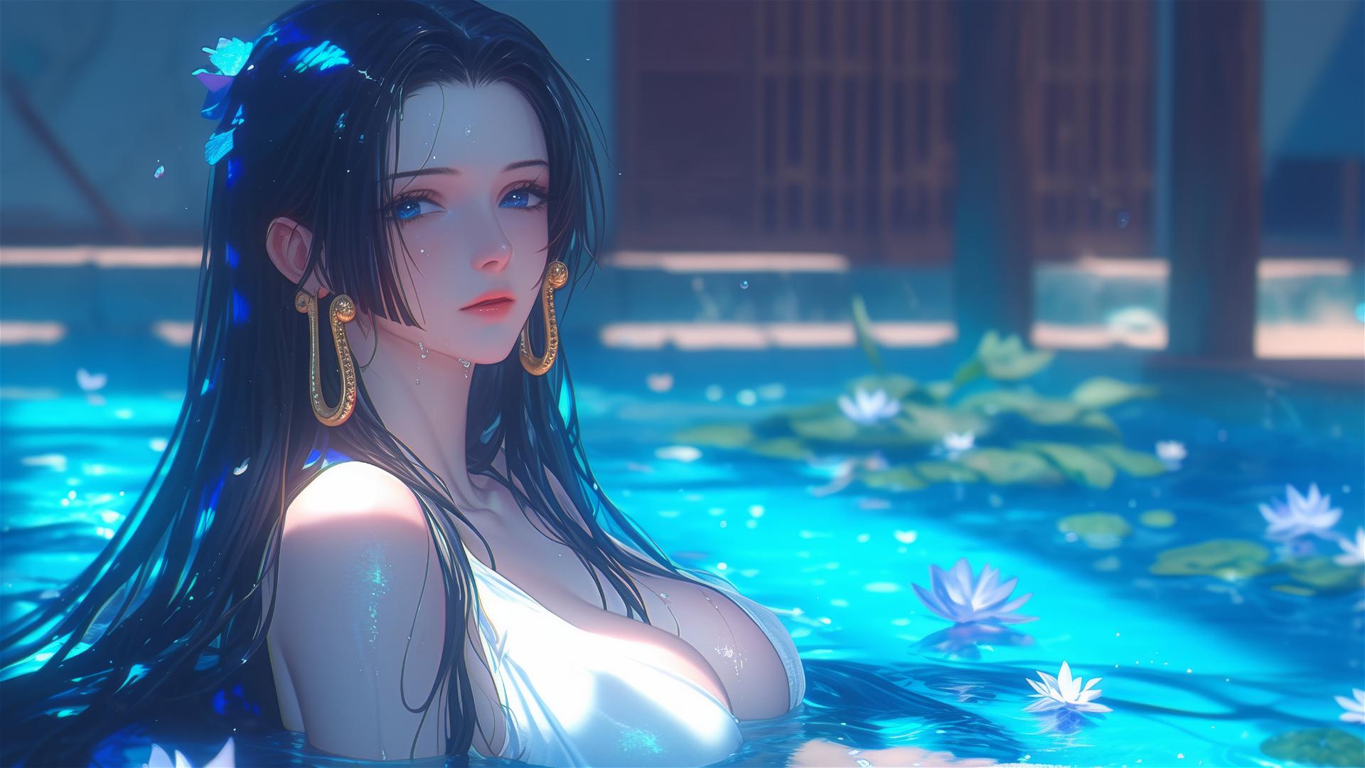 Boa Hancock in a tub full of flowers in a Chinese spa