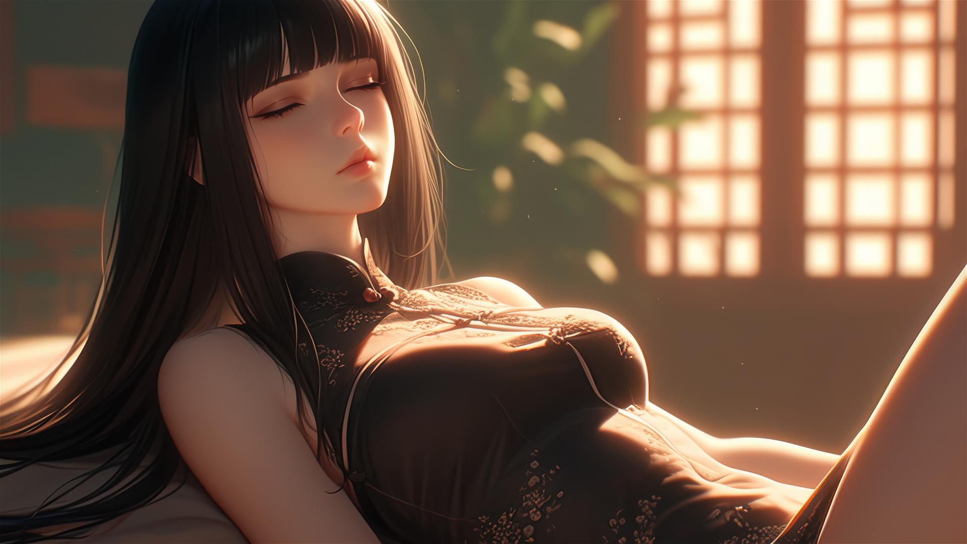Hinata Hyuga resting at a modern hotel with warm light casting a soft glow.
