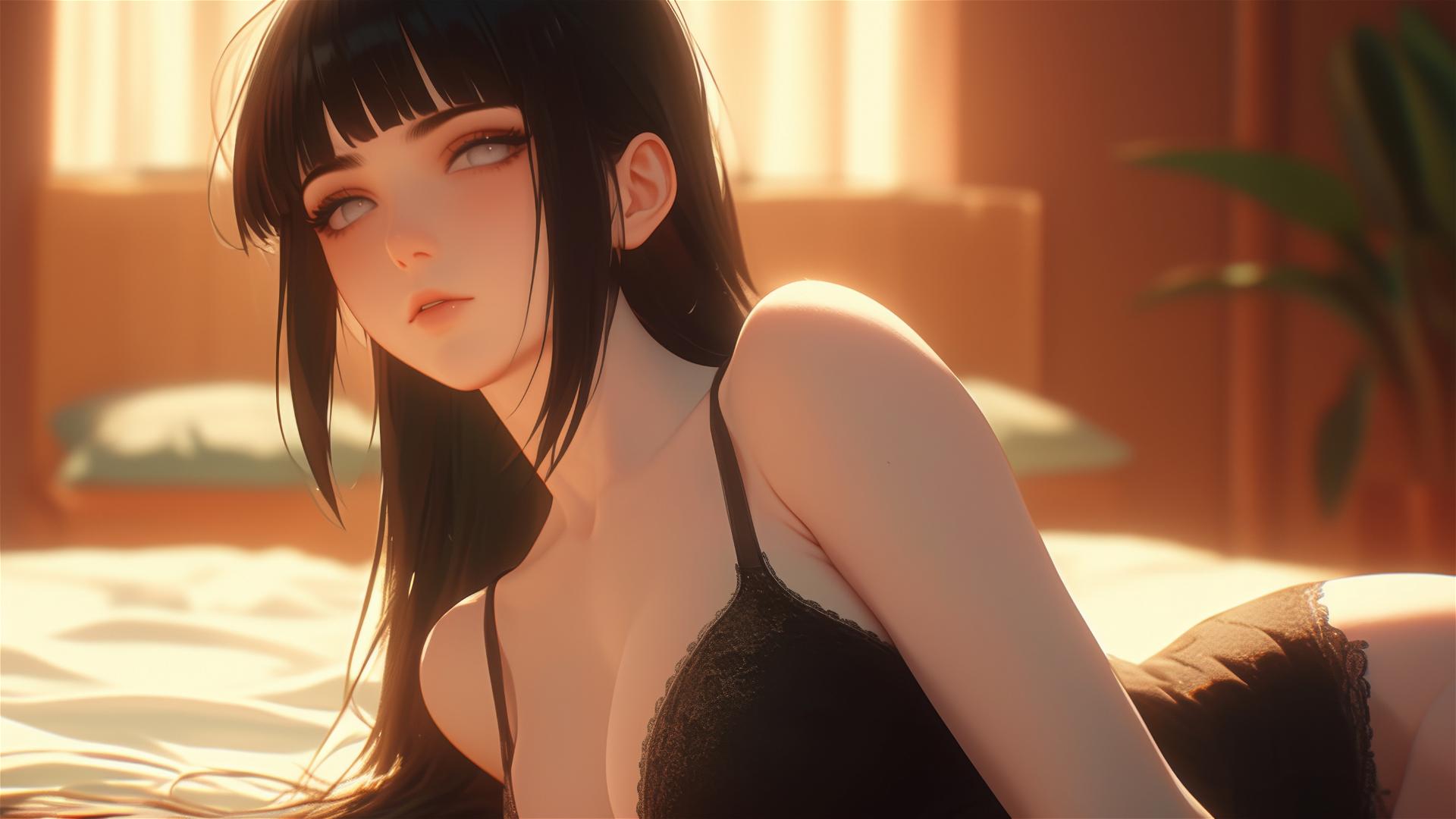 Hinata Hyuga from Naruto resting at a modern hotel with warm light