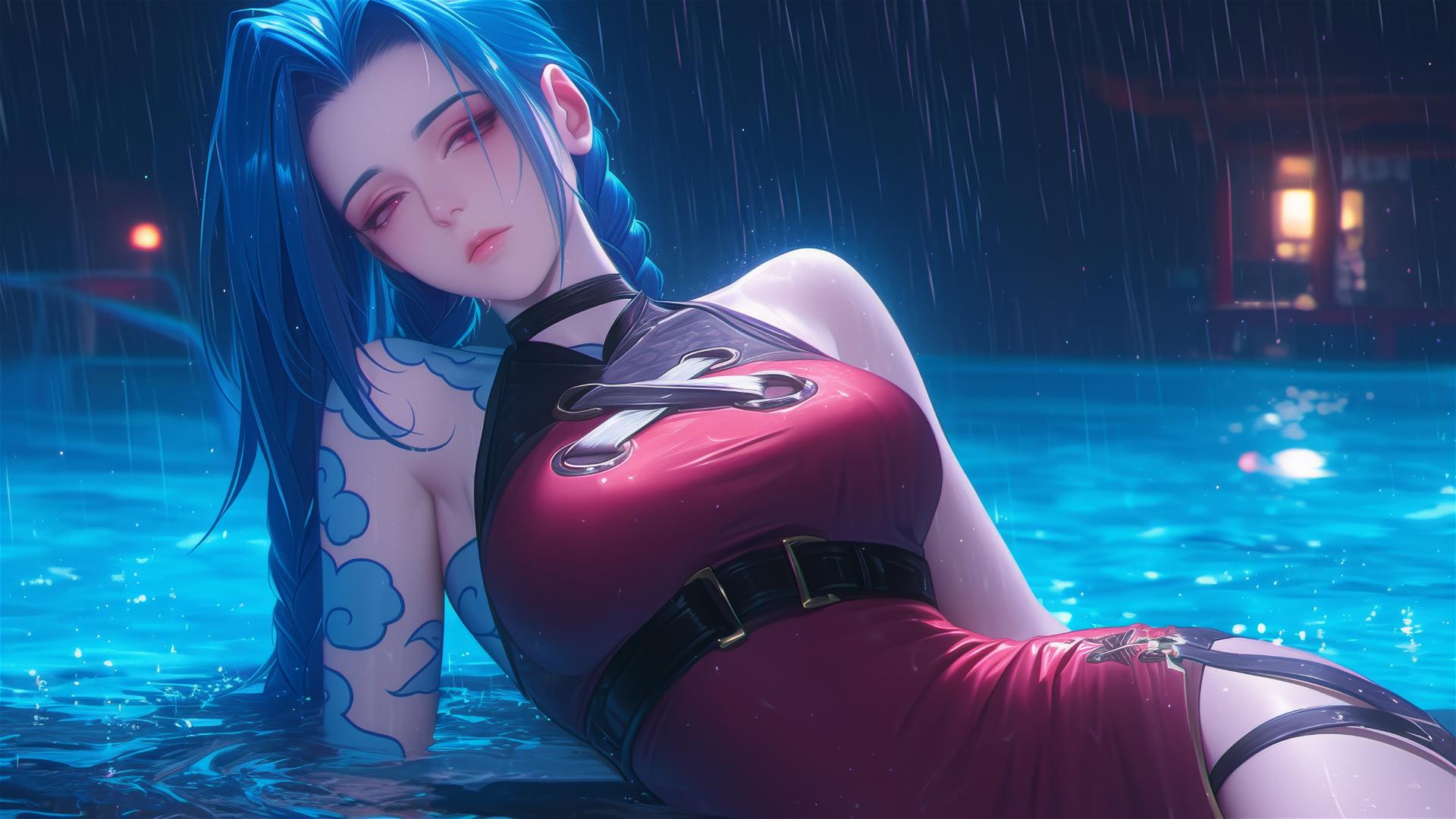 Jinx from League of Legends resting at a rainy swimming pool under moonlight