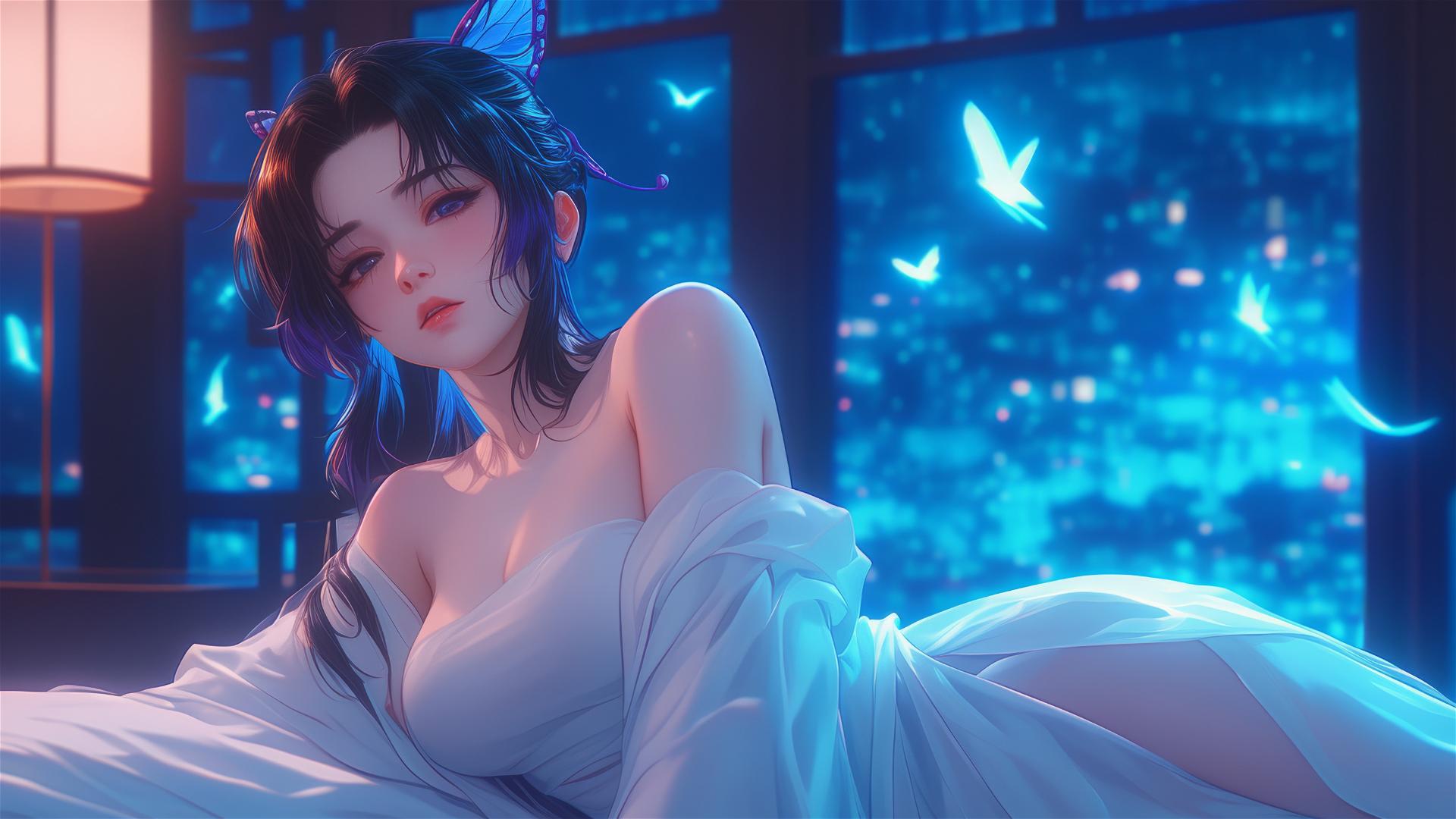 Shinobu Kocho relaxing in a modern hotel room with neon lights and moonlight