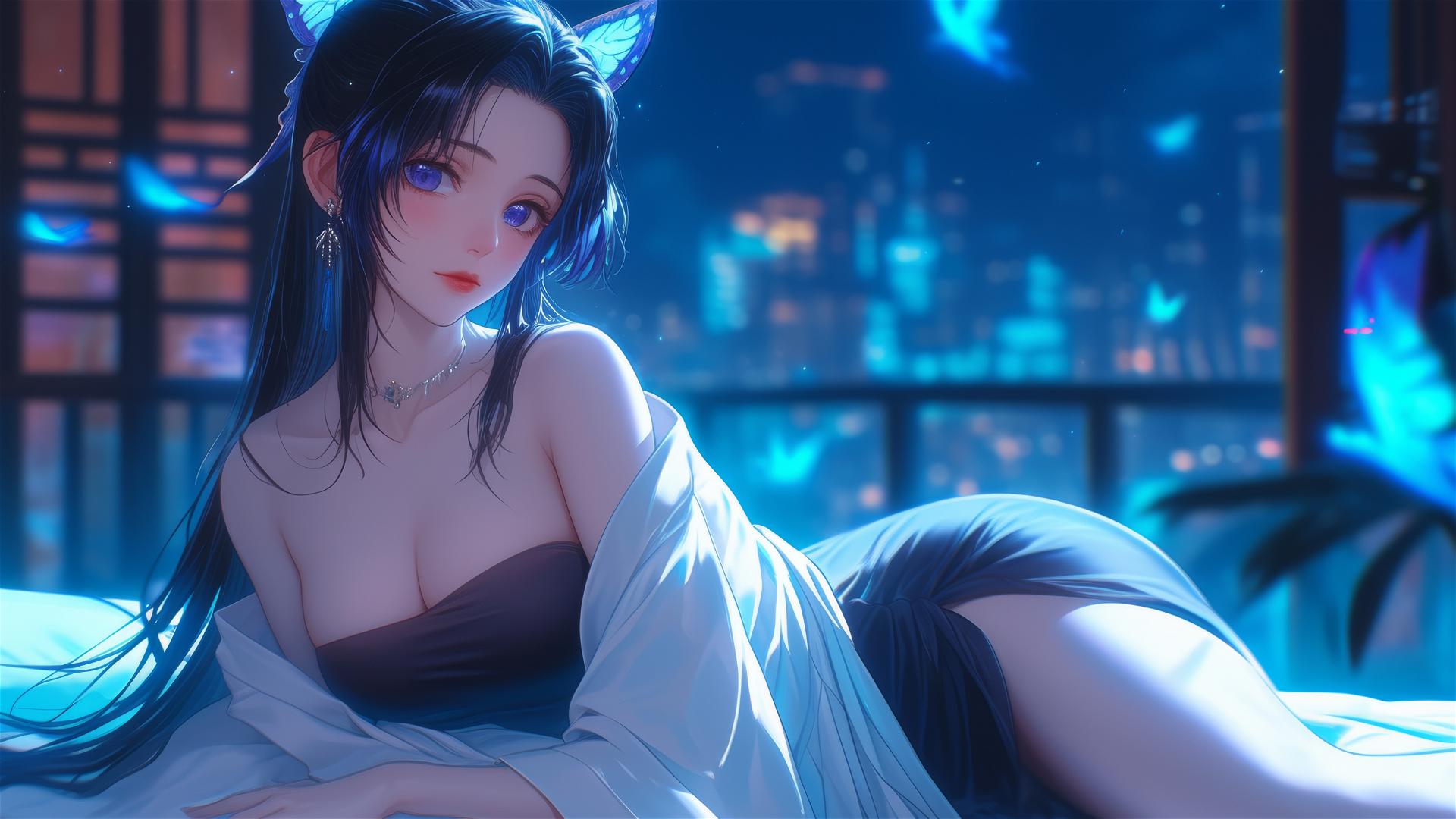 Shinobu Kocho from Demon Slayer resting in a neon-themed hotel room