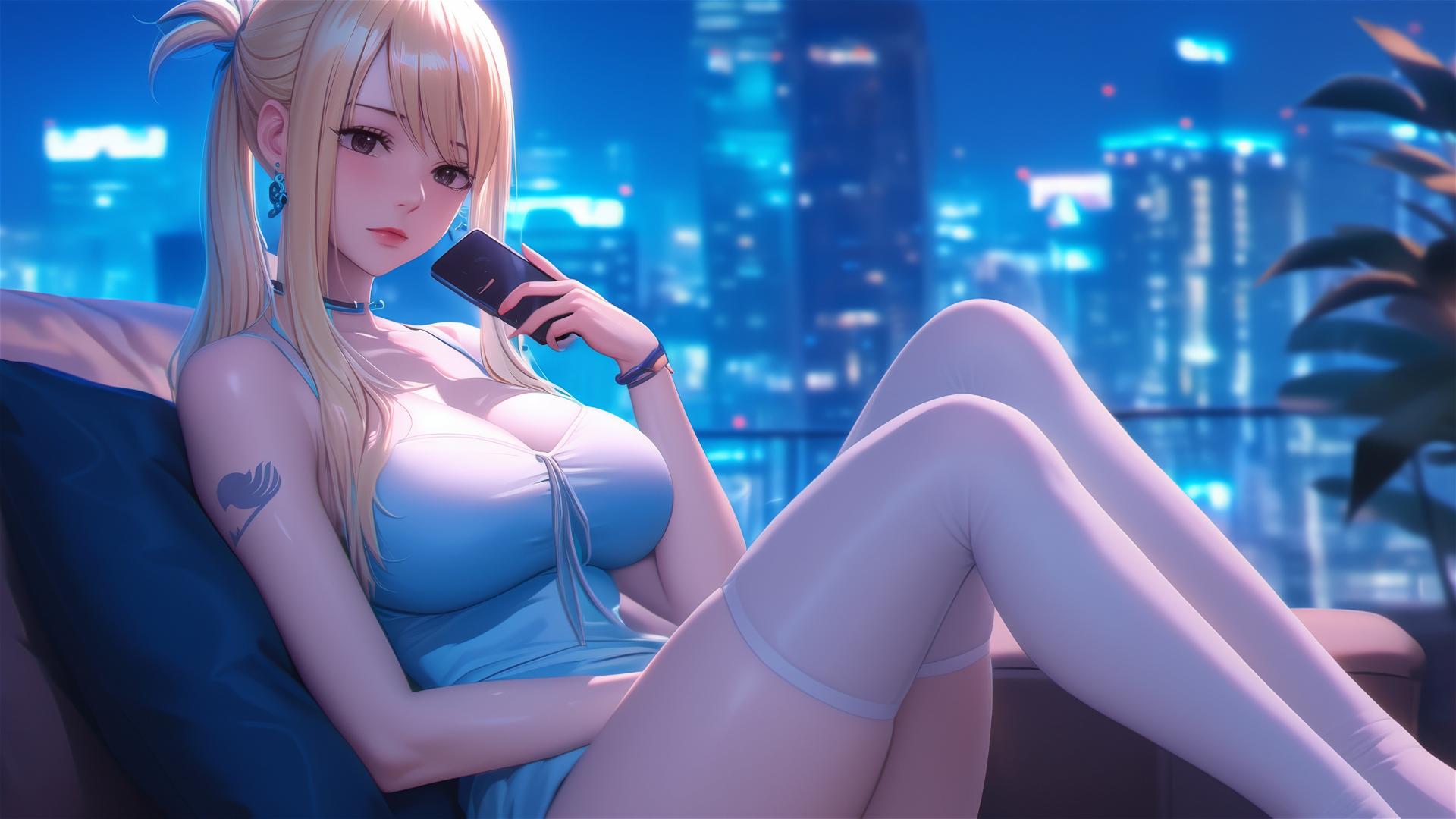 Lucy Heartfilia resting in a modern apartment under moonlight