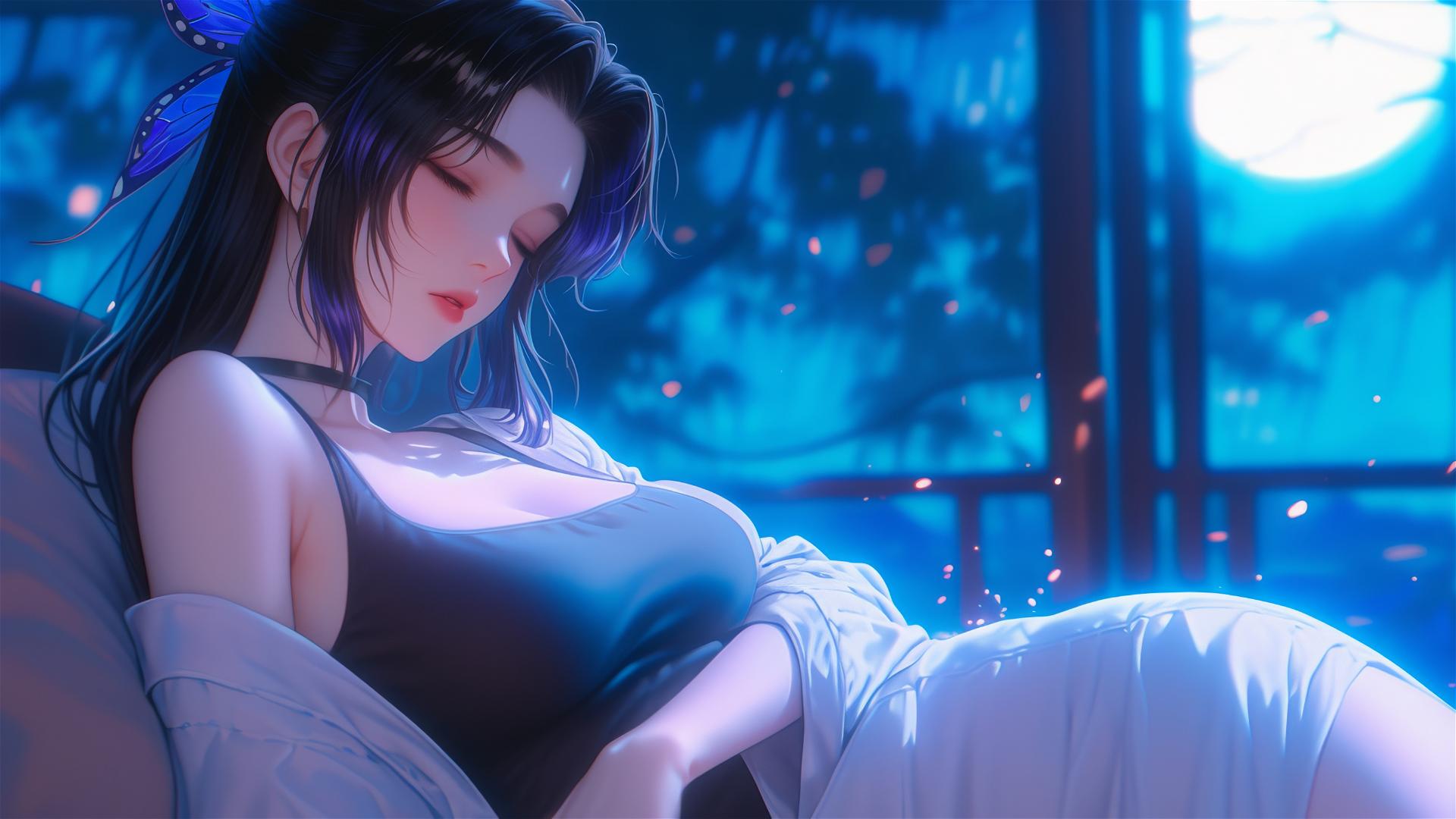 Shinobu Kocho from Demon Slayer resting in a moonlit modern hotel room