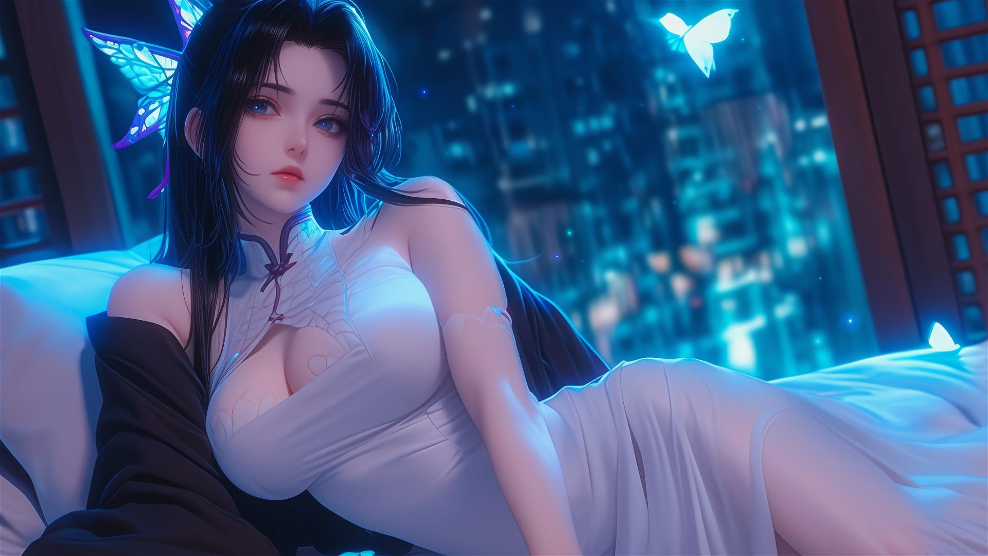 Shinobu Kocho from Demon Slayer resting in a modern hotel room with neon lights.