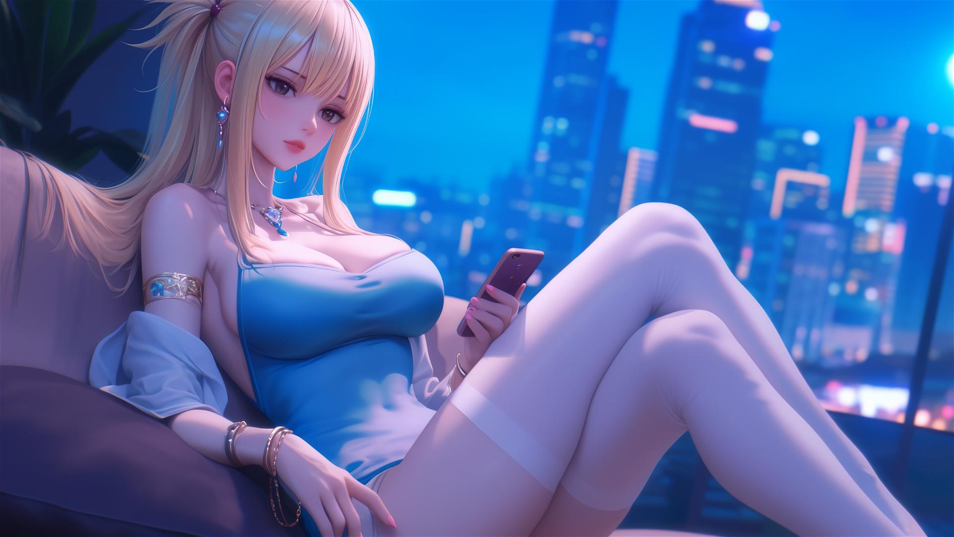 Lucy Heartfilia resting in modern apartment under moonlight