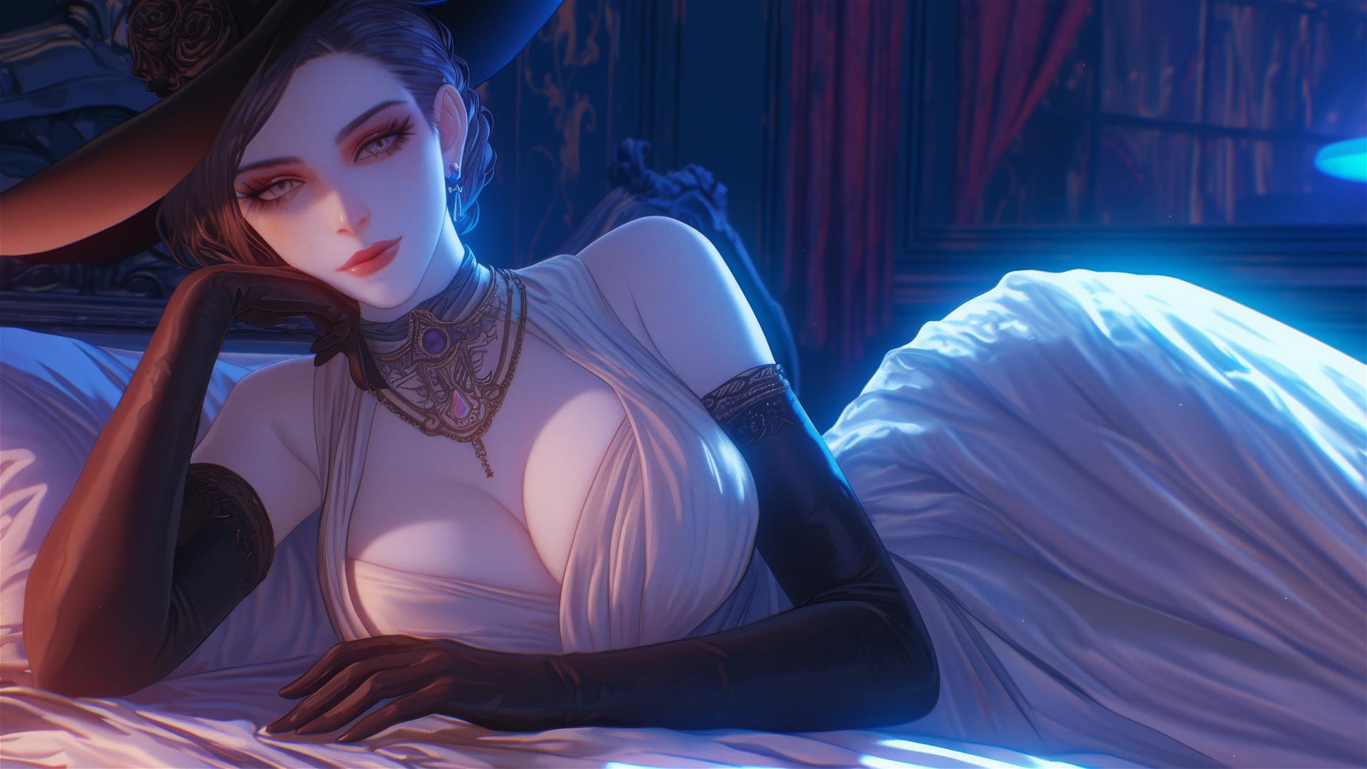 Lady Dimitrescu resting at modern hotel bed, moonlight on pale skin, gothic horror.