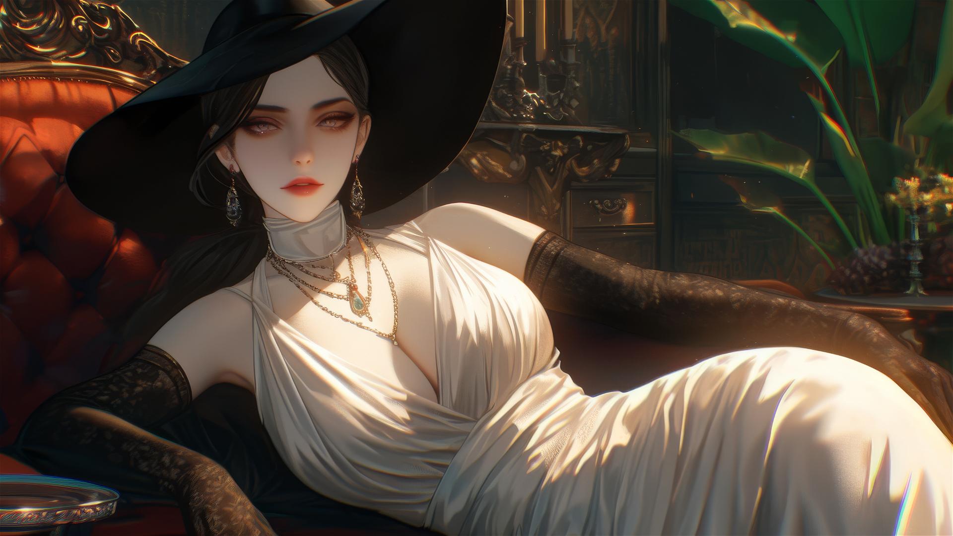 Lady Dimitrescu resting on modern hotel bed under moonlight