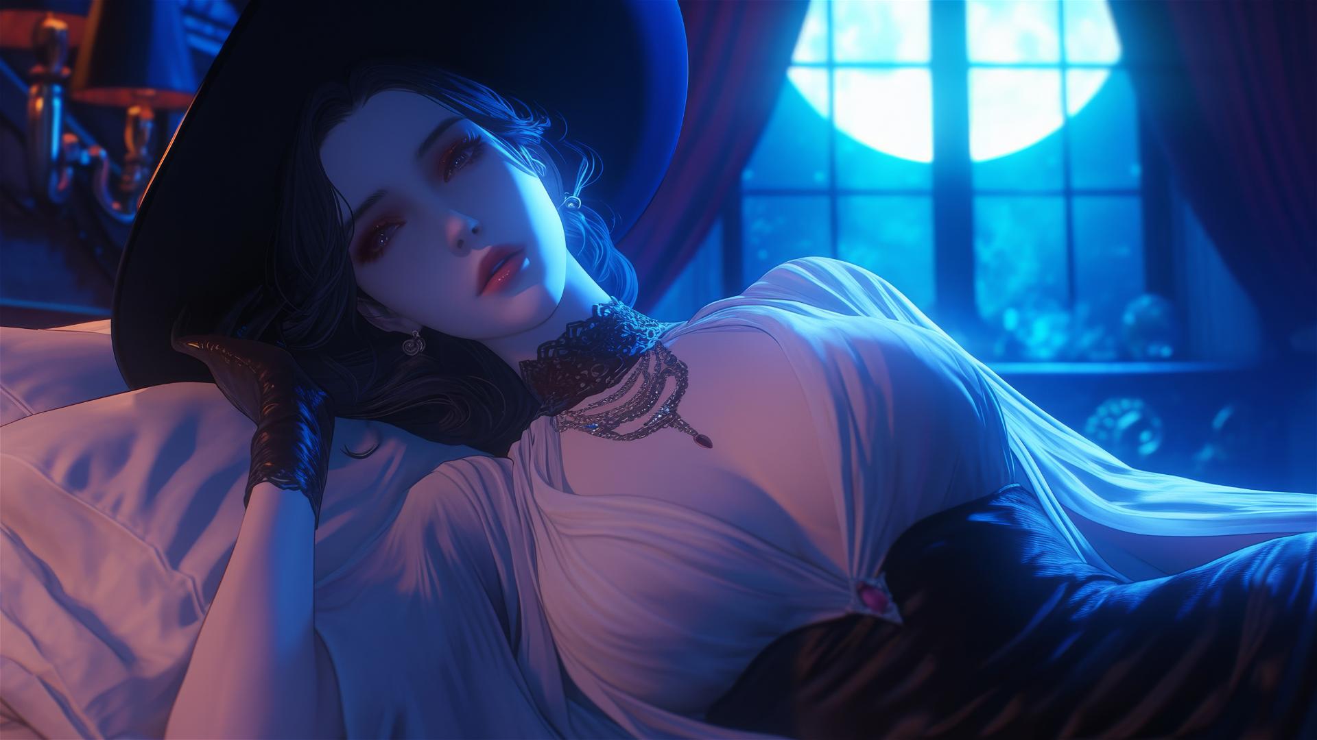 Lady Dimitrescu resting on modern hotel bed with moonlight glow