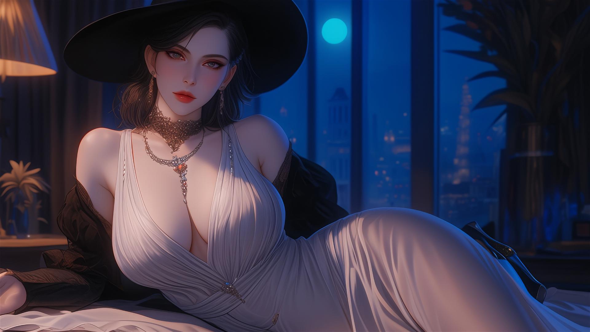 Lady Dimitrescu resting on modern hotel bed under moonlight