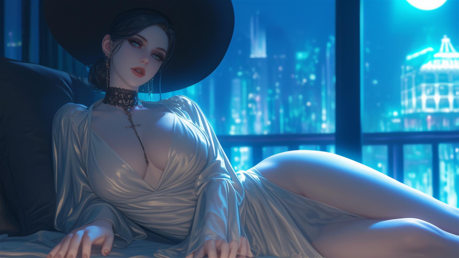 Lady Dimitrescu resting on a modern hotel bed with moonlight glow