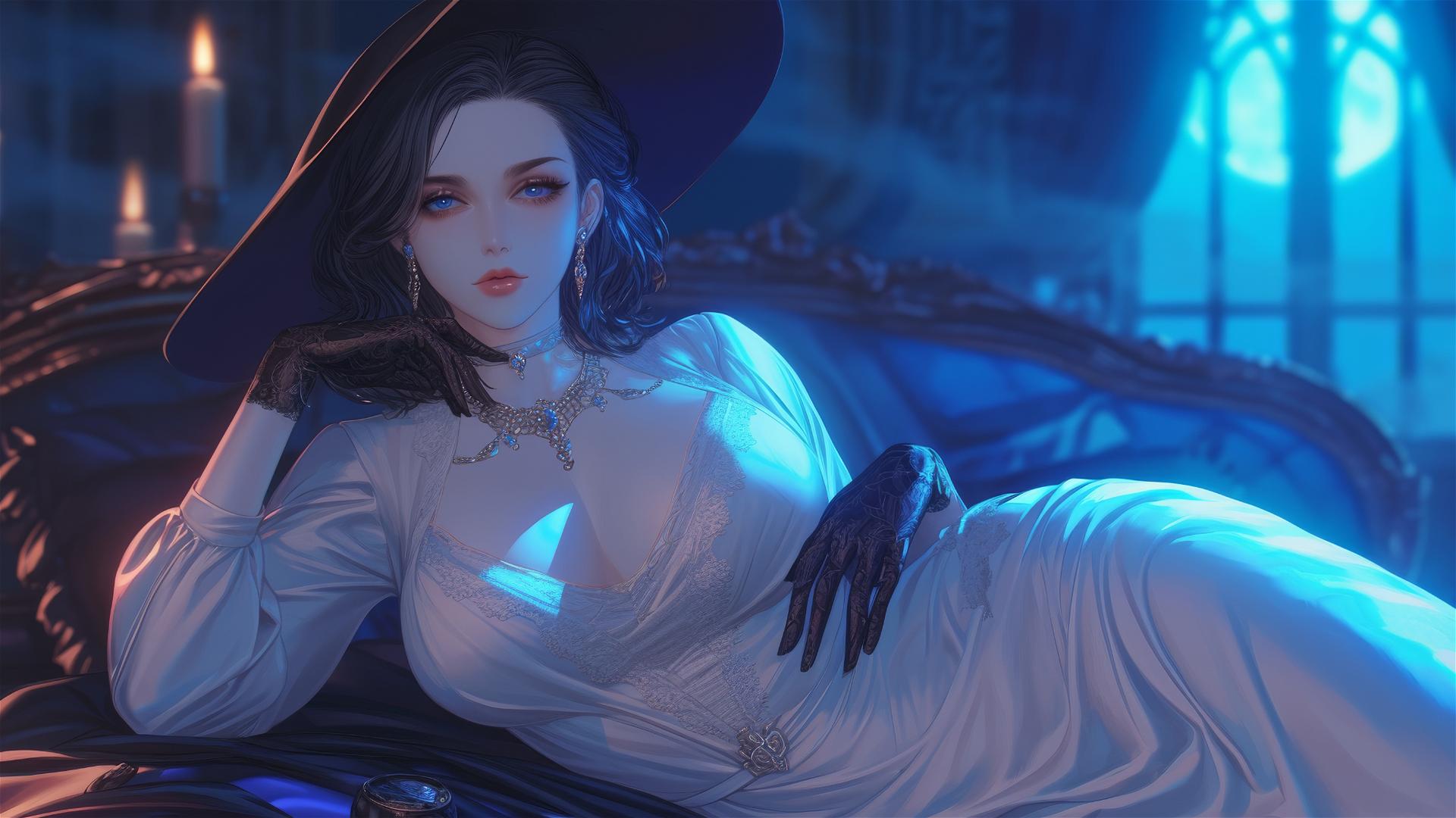 Lady Dimitrescu resting on a modern hotel bed bathed in moonlight with pale skin.