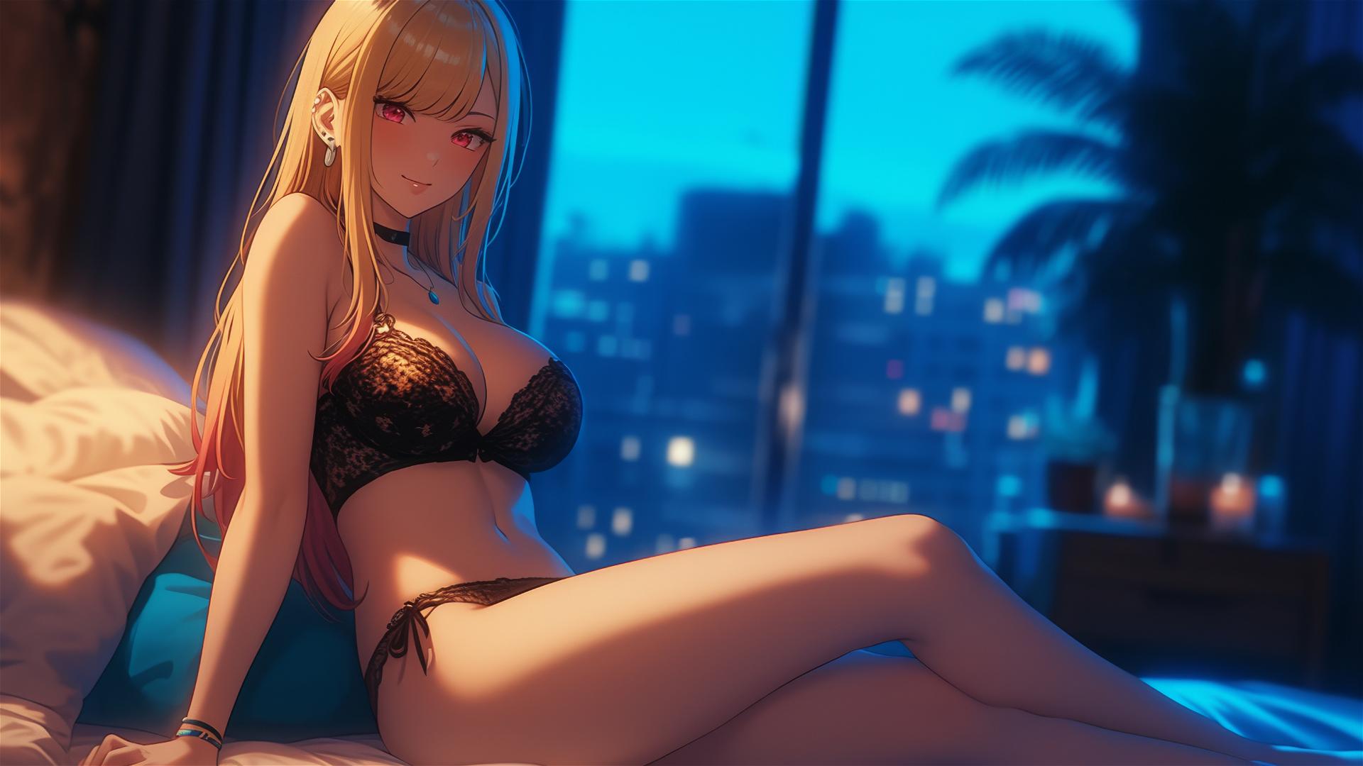 Marin Kitagawa sitting on a hotel bed with moonlight casting a glow.