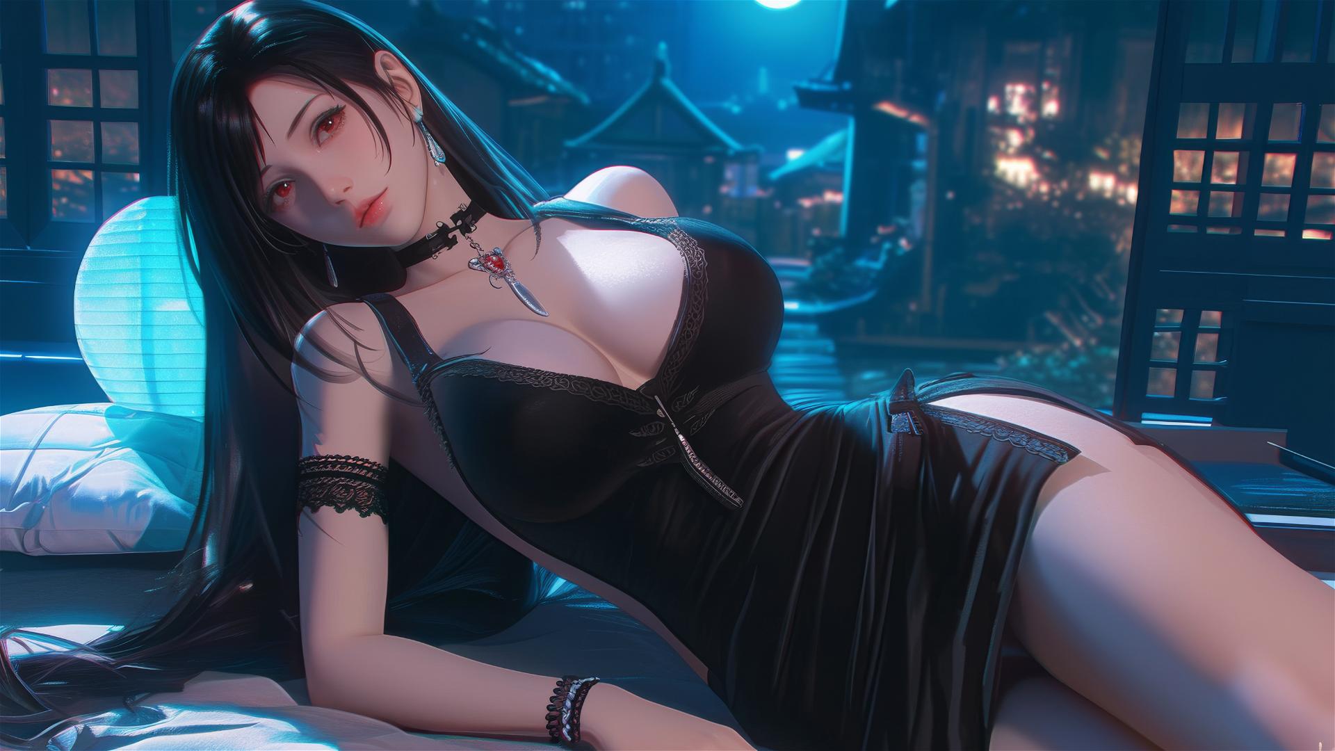 Tifa Lockhart from Final Fantasy in bold dress, resting, moonlight glow