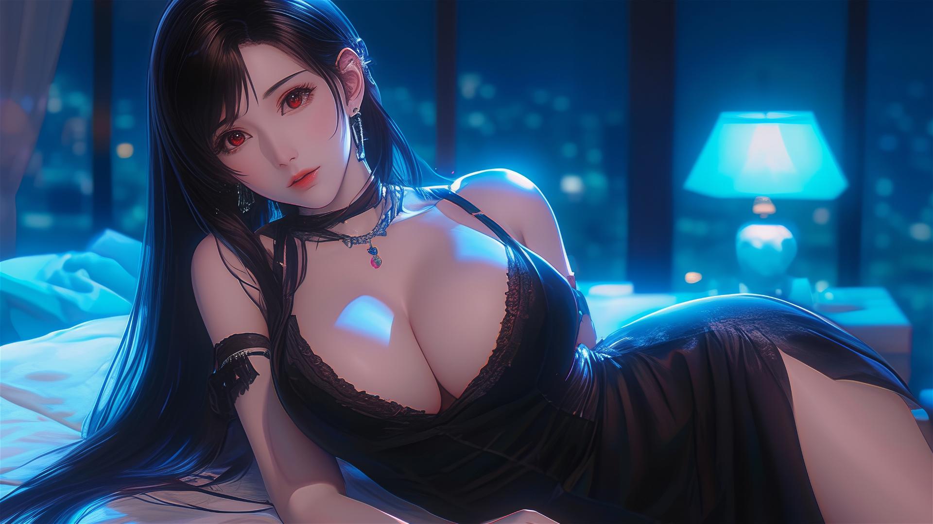 Tifa Lockhart in bold dress resting by moonlight