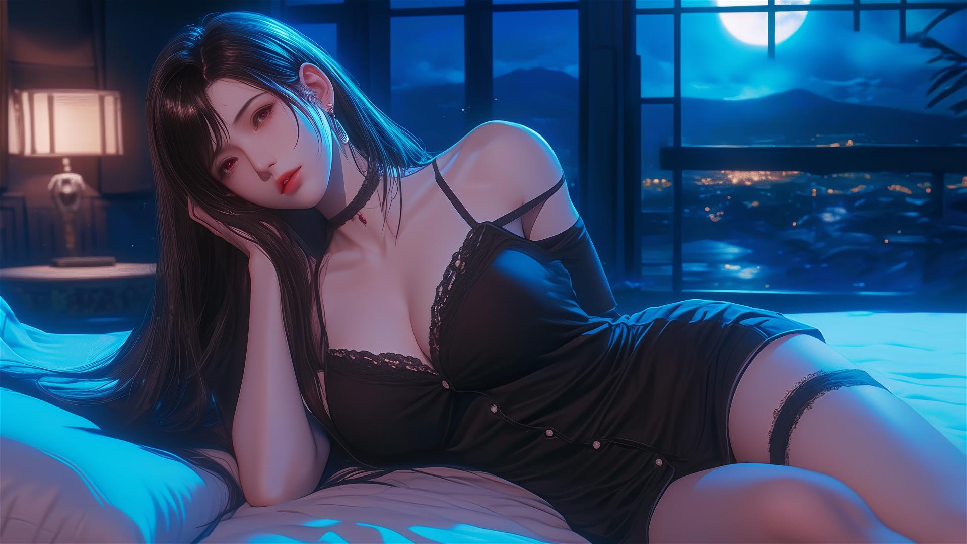 Tifa Lockhart in black pajamas, resting in her room with soft moonlight glow.