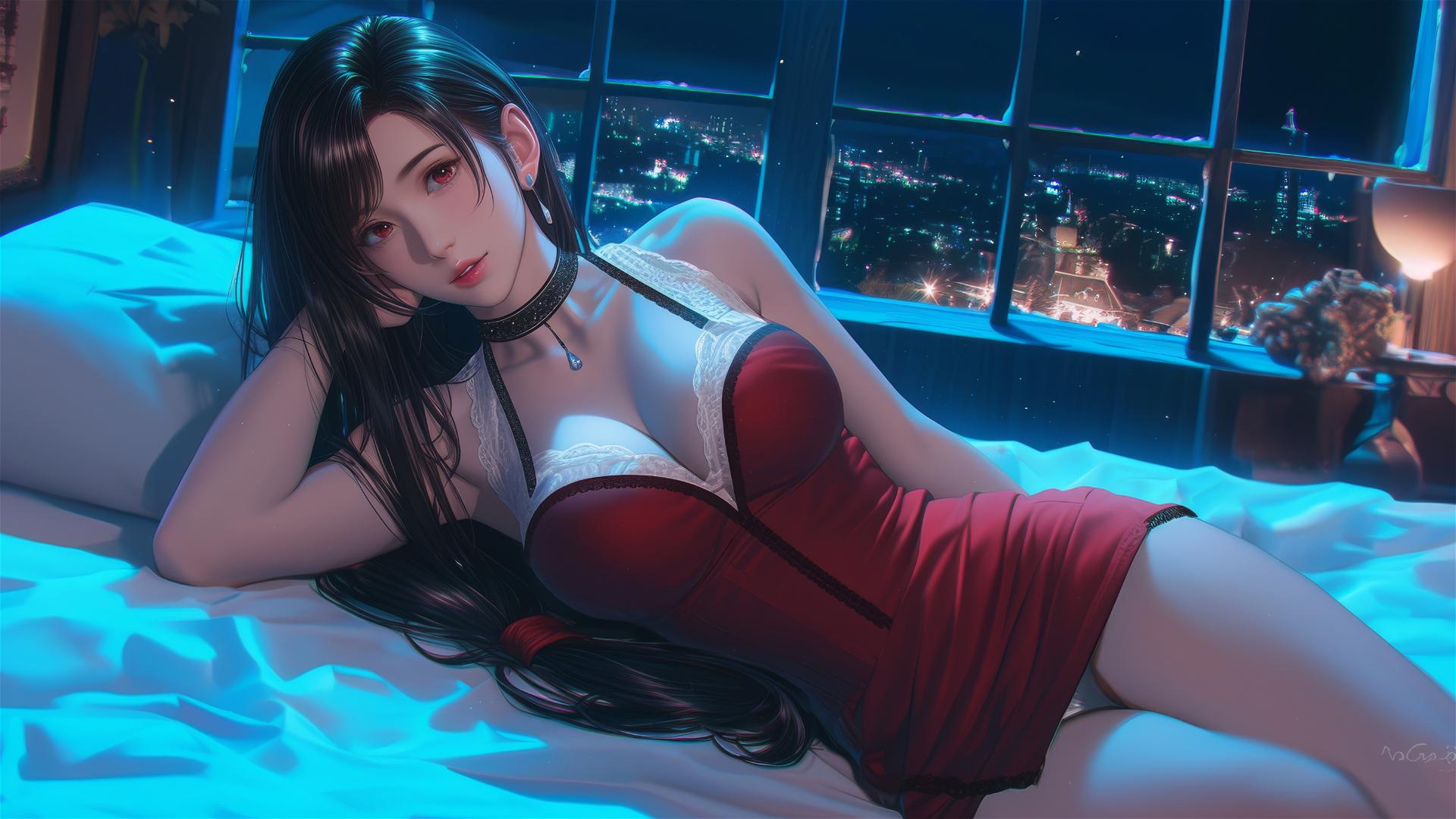 Tifa Lockhart from Final Fantasy in red pajamas resting in her room bathed in moonlight