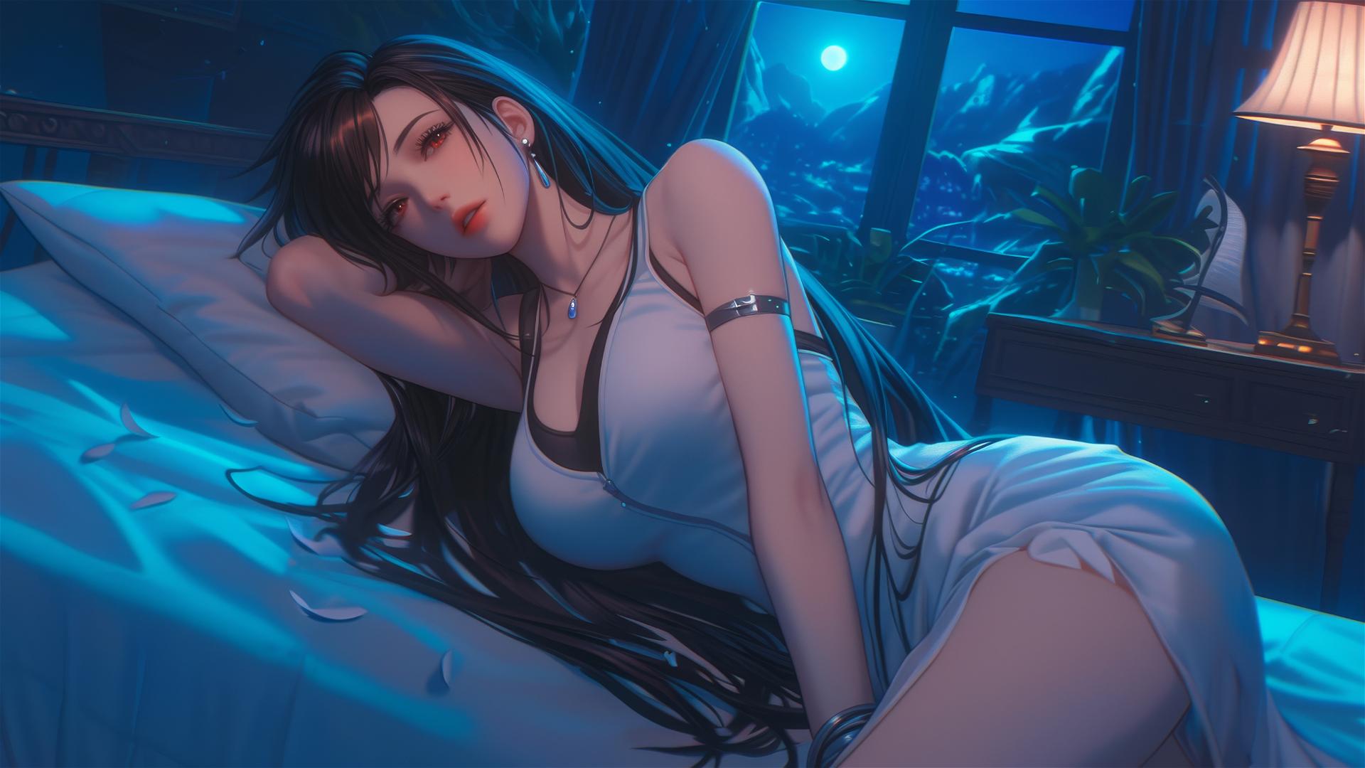 Tifa Lockhart resting in her room under moonlight
