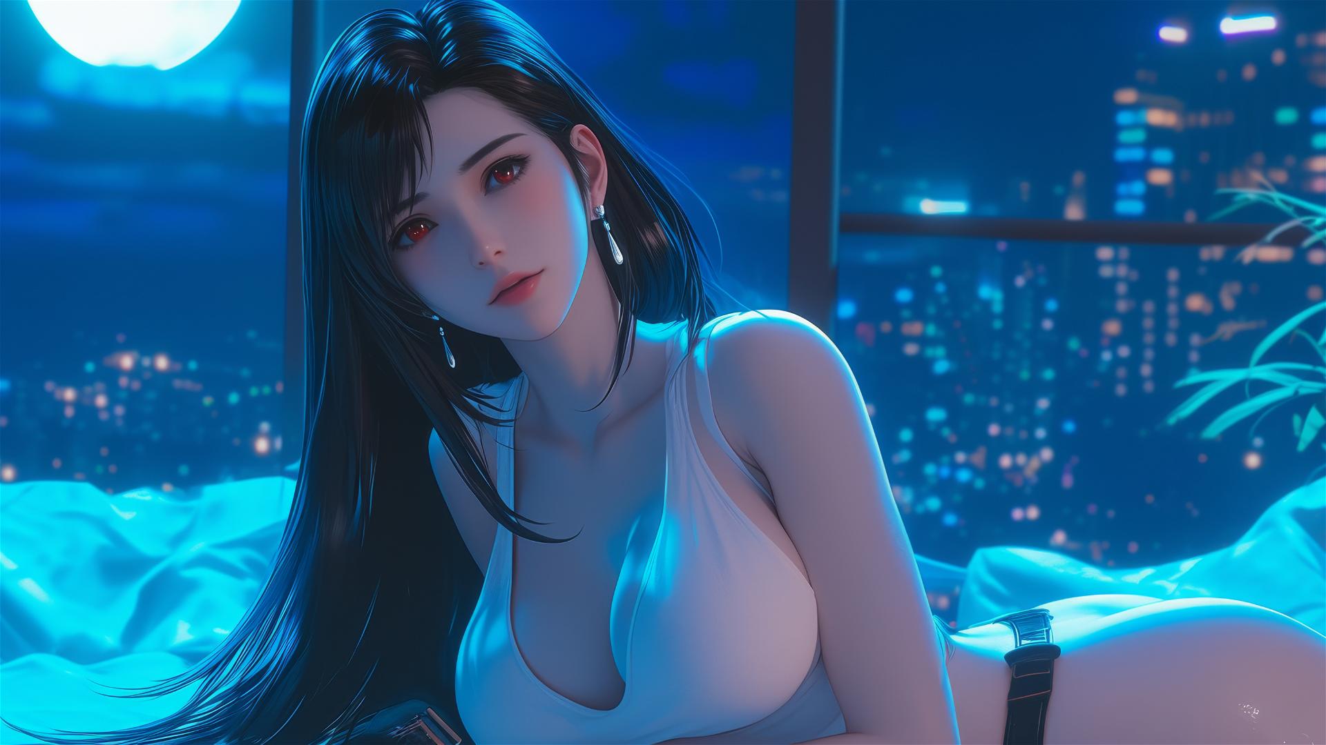 Tifa Lockhart resting in her room illuminated by moonlight