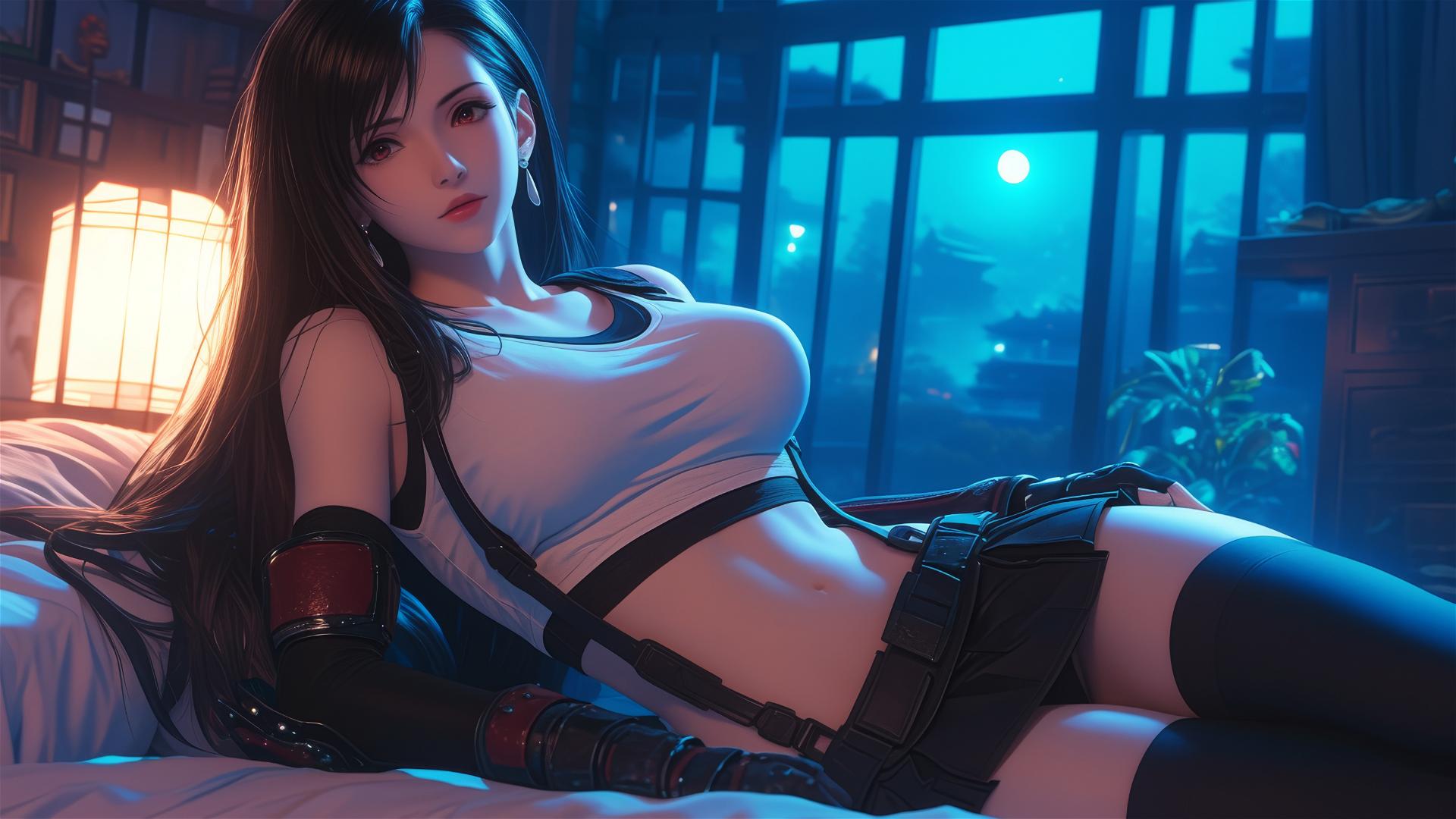 Tifa Lockhart resting in her room under moonlight
