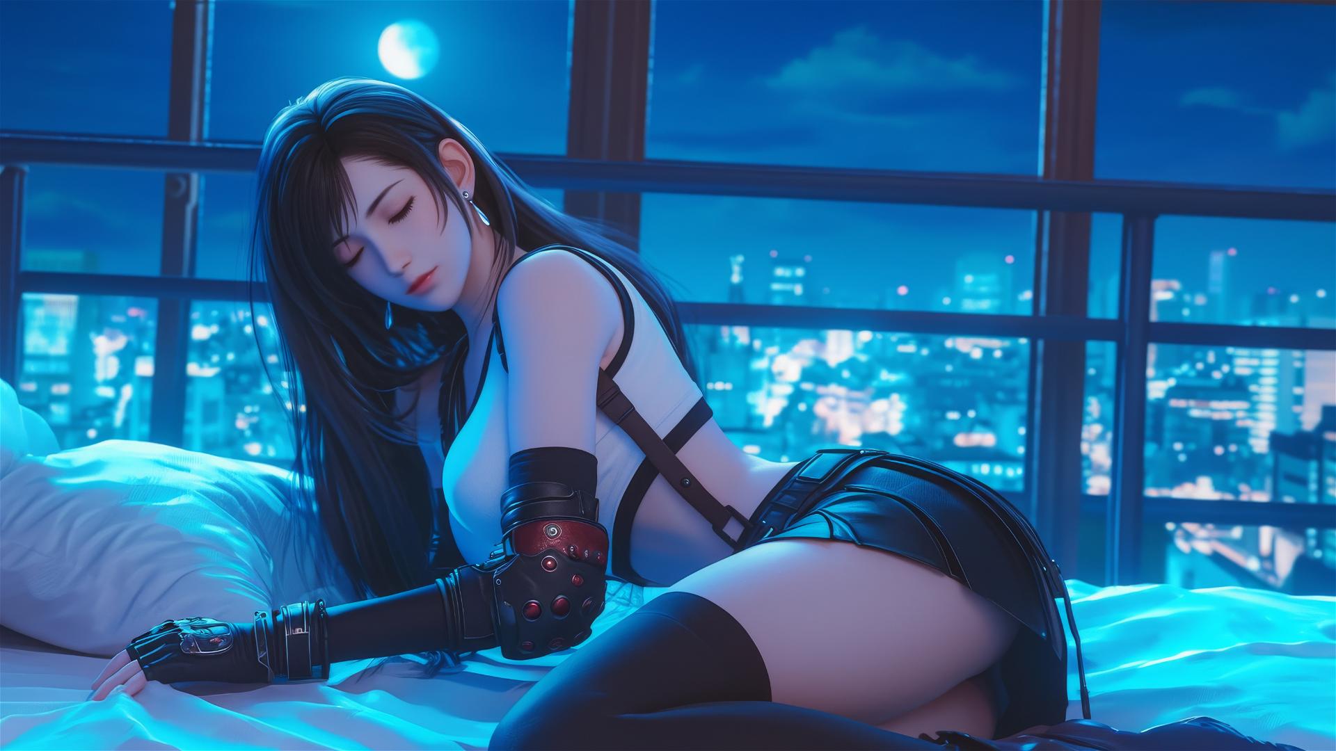 Tifa Lockhart resting in her room with soft moonlight glow