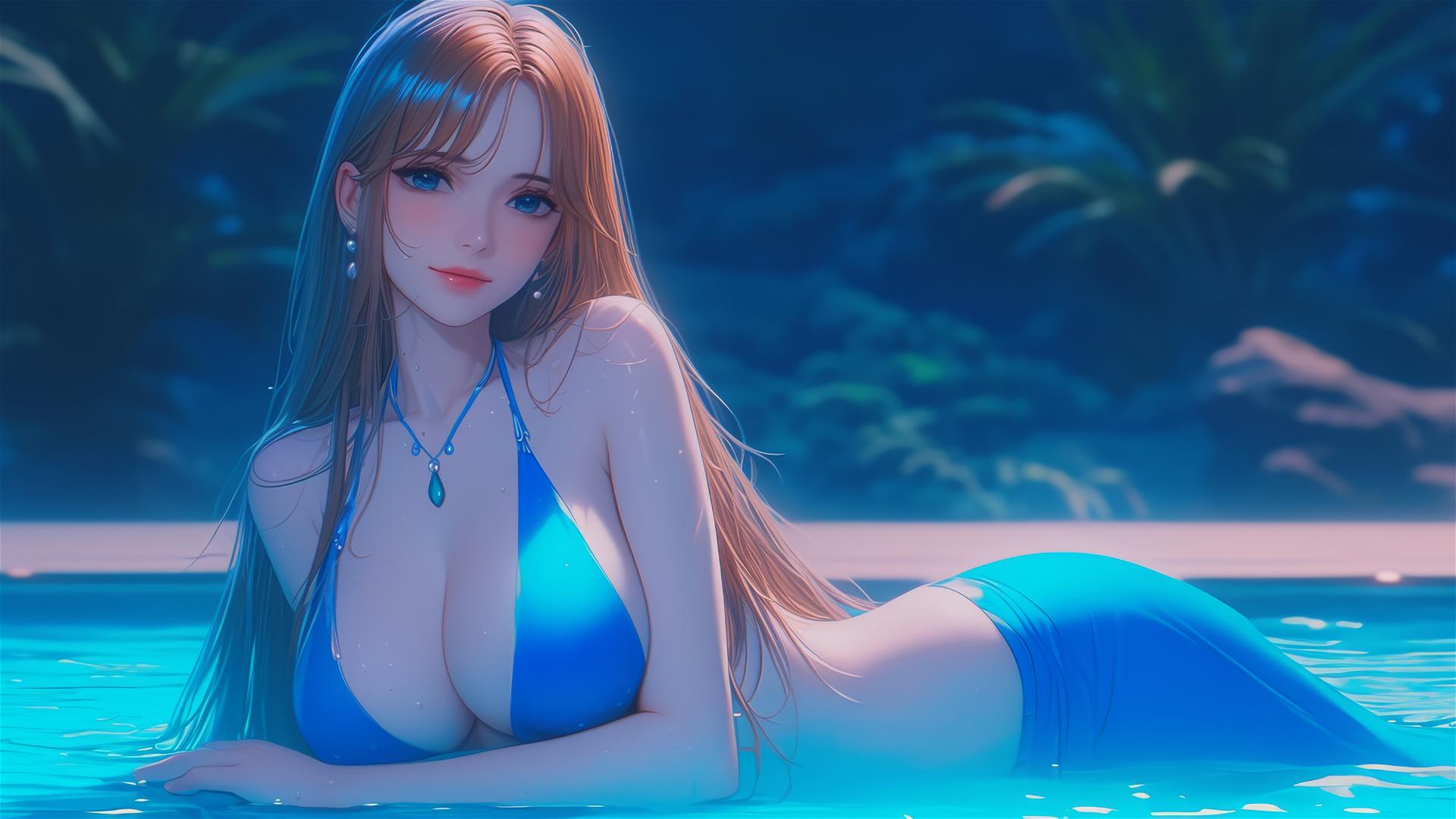 Nami from One Piece resting by a pool in moonlight with rain.