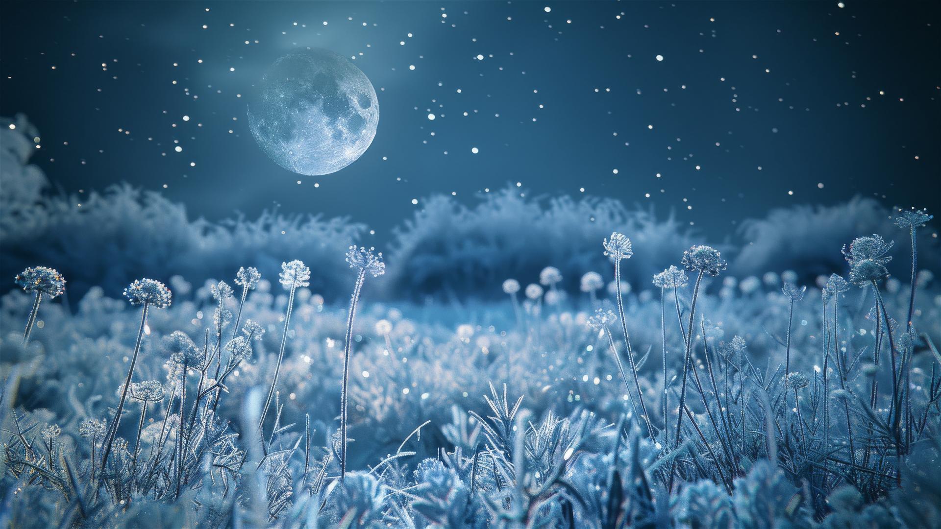 Silvery moonlight on a frosted meadow with ice-covered grass and wildflowers.