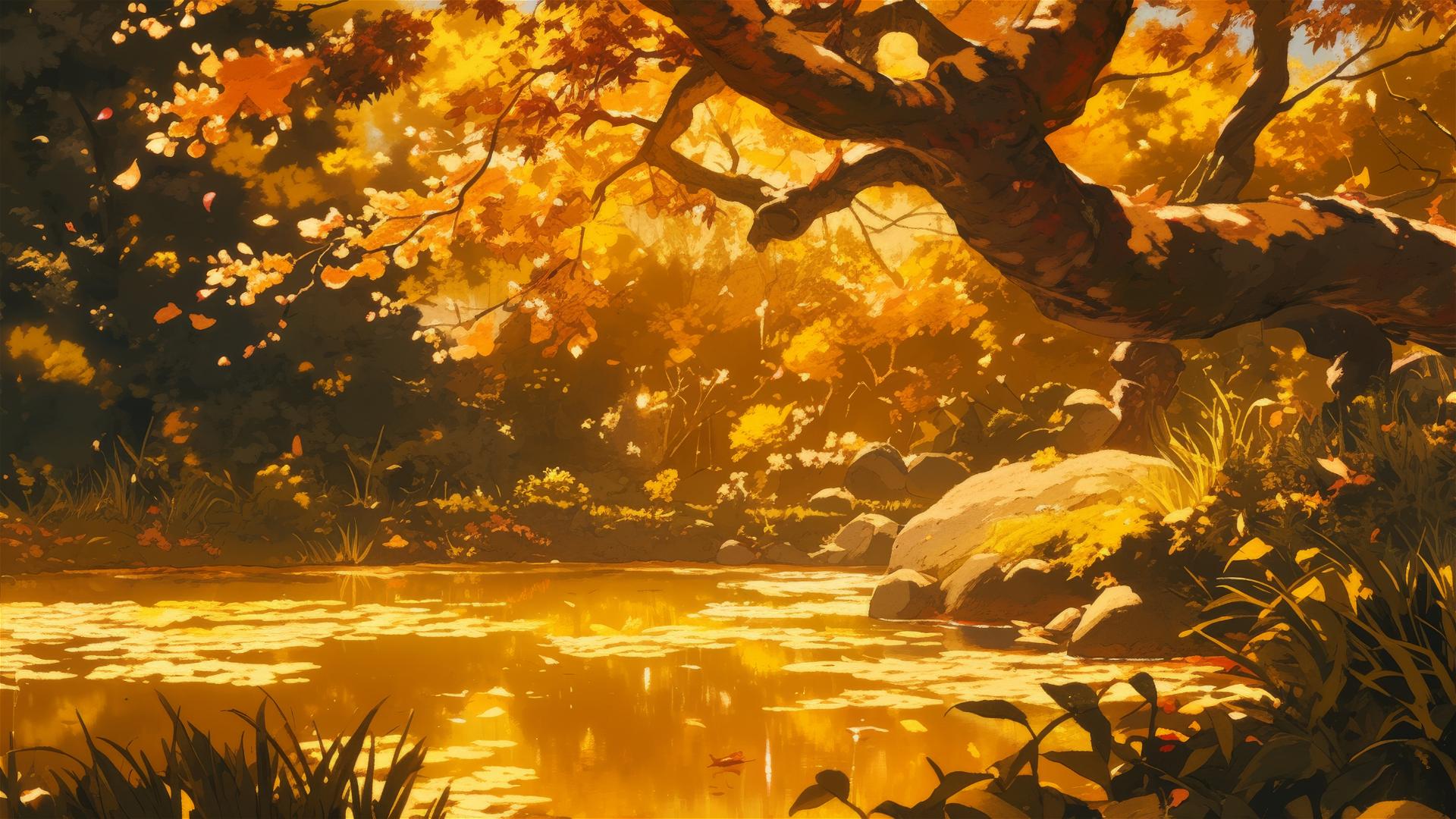 Peaceful autumn river with fiery foliage reflections
